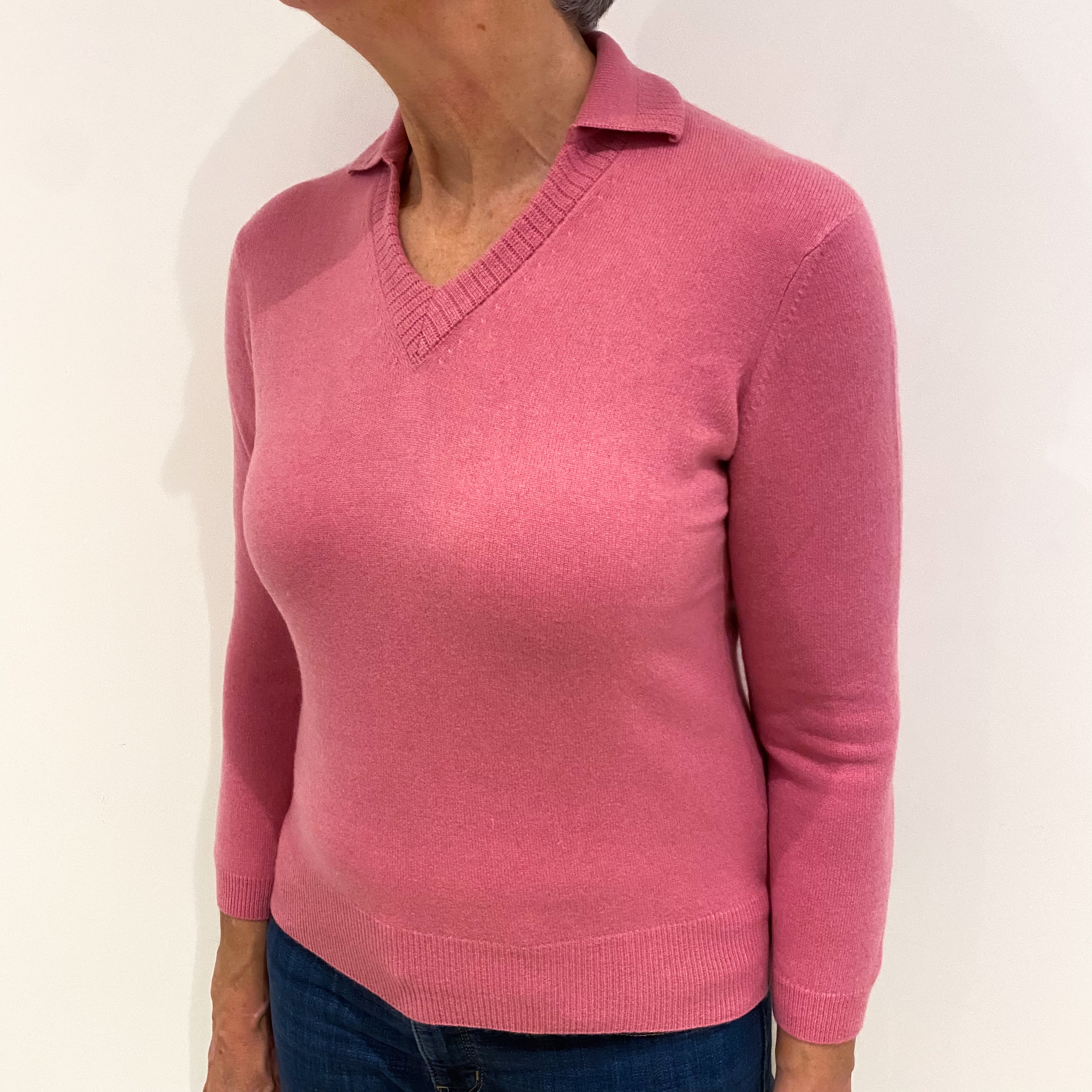 Tulip Pink Cashmere Collared V Neck Jumper Medium Petite