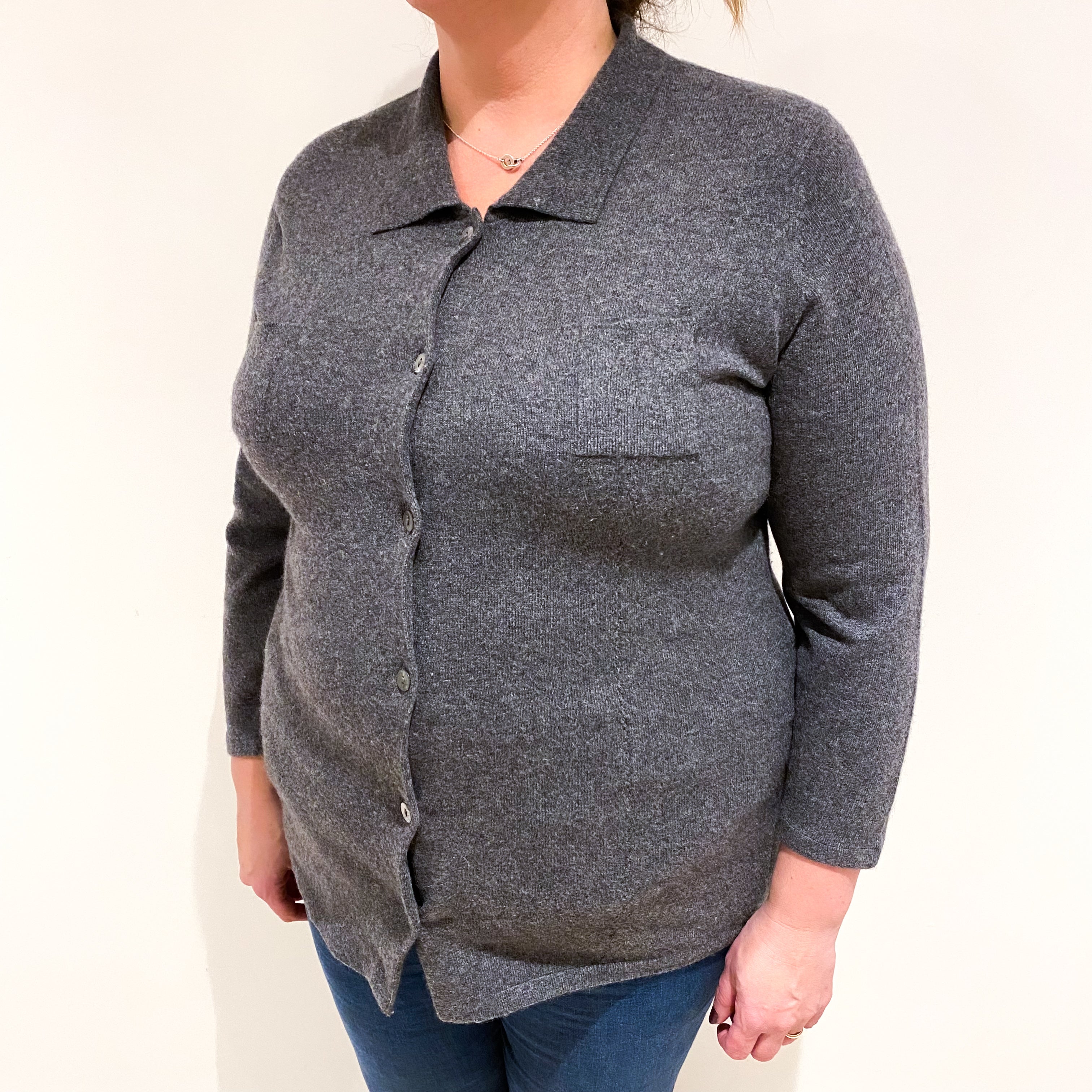 Slate Grey Cashmere Shirt Style Cardigan with Pockets Extra Large