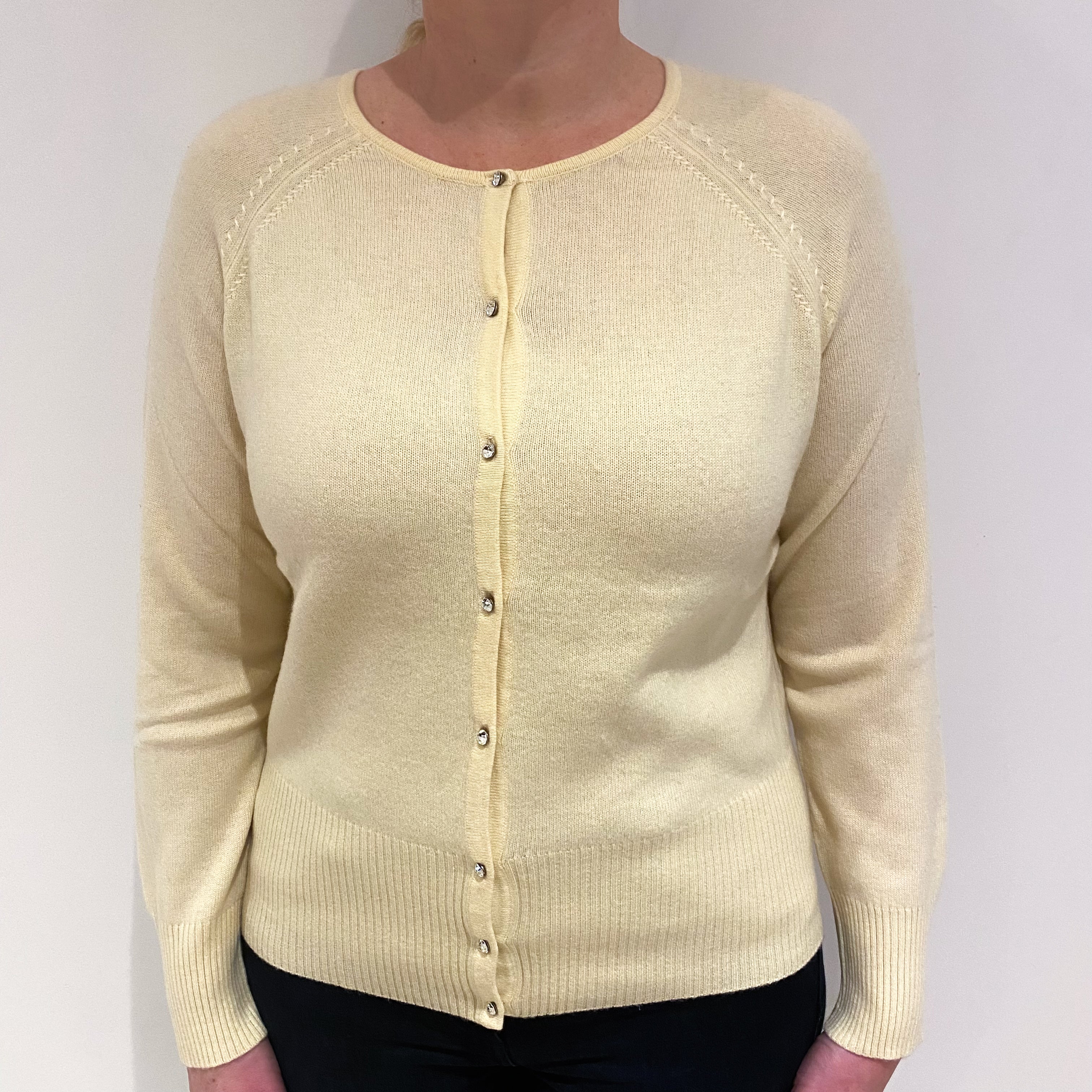 Pale Primrose Yellow Cashmere Crew Neck Cardigan Large