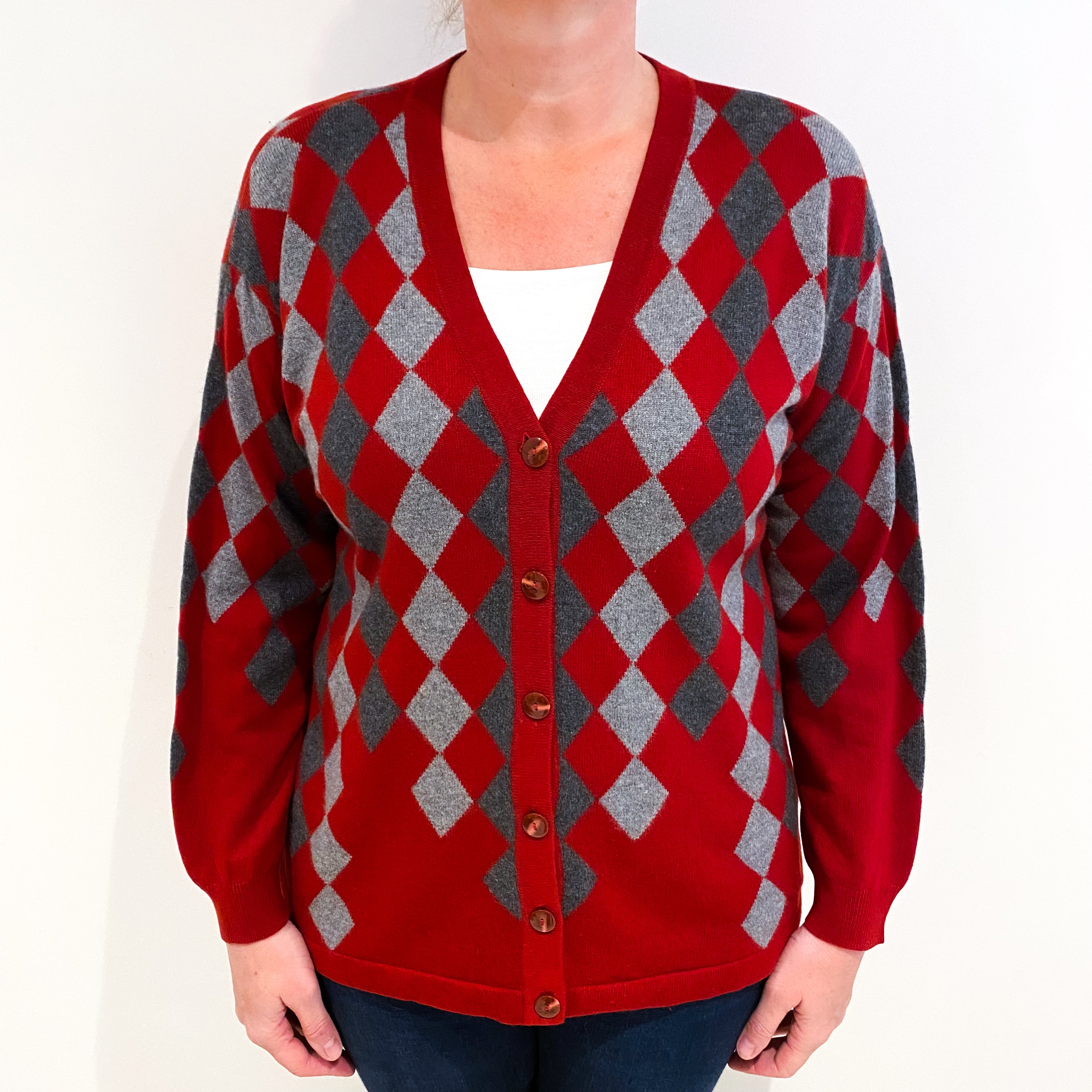Red And Grey Diamond Cashmere V Neck Cardigan Large