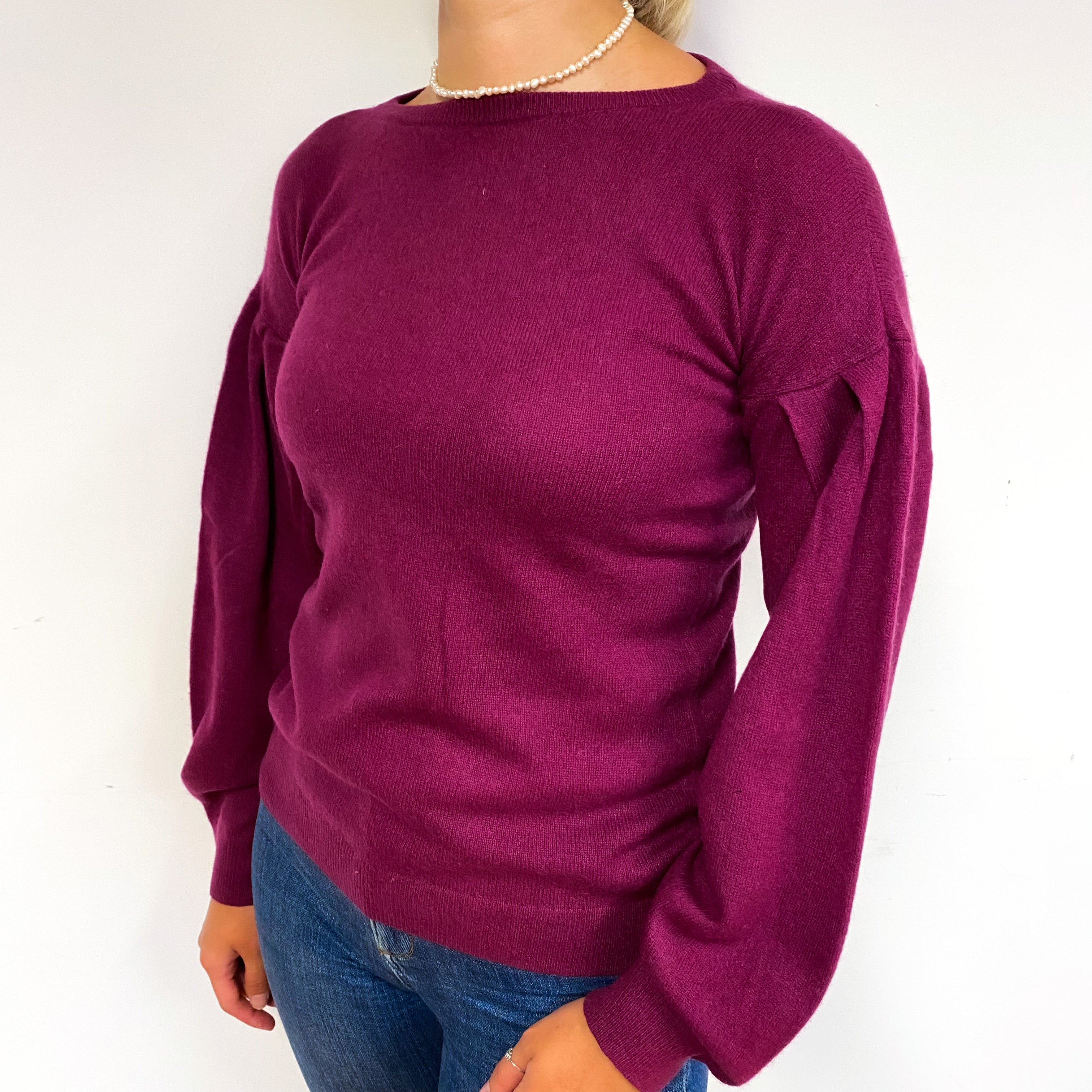 Plum Pink Balloon Sleeve Cashmere Crew Neck Jumper Small