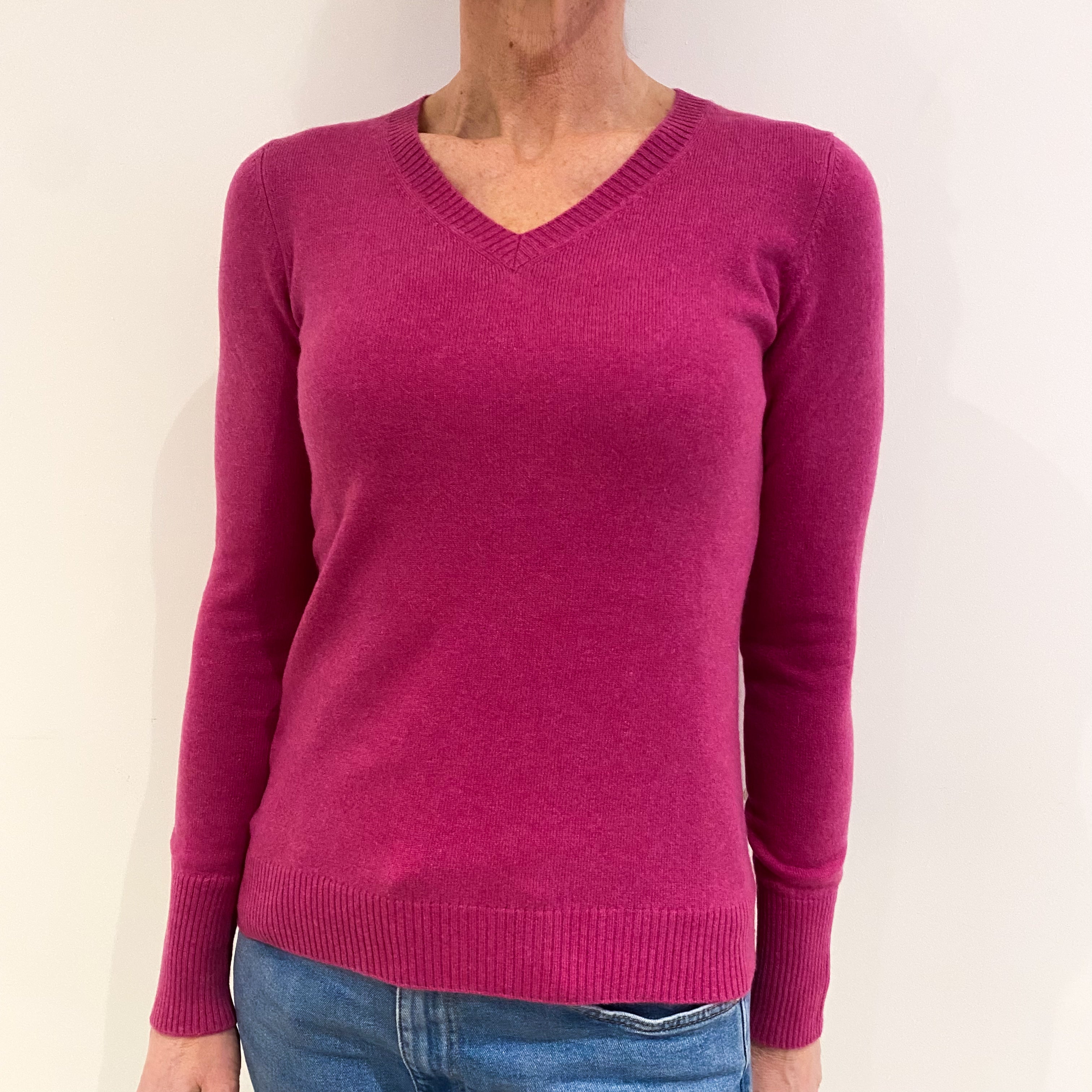 Raspberry Pink Cashmere V Neck Jumper Small
