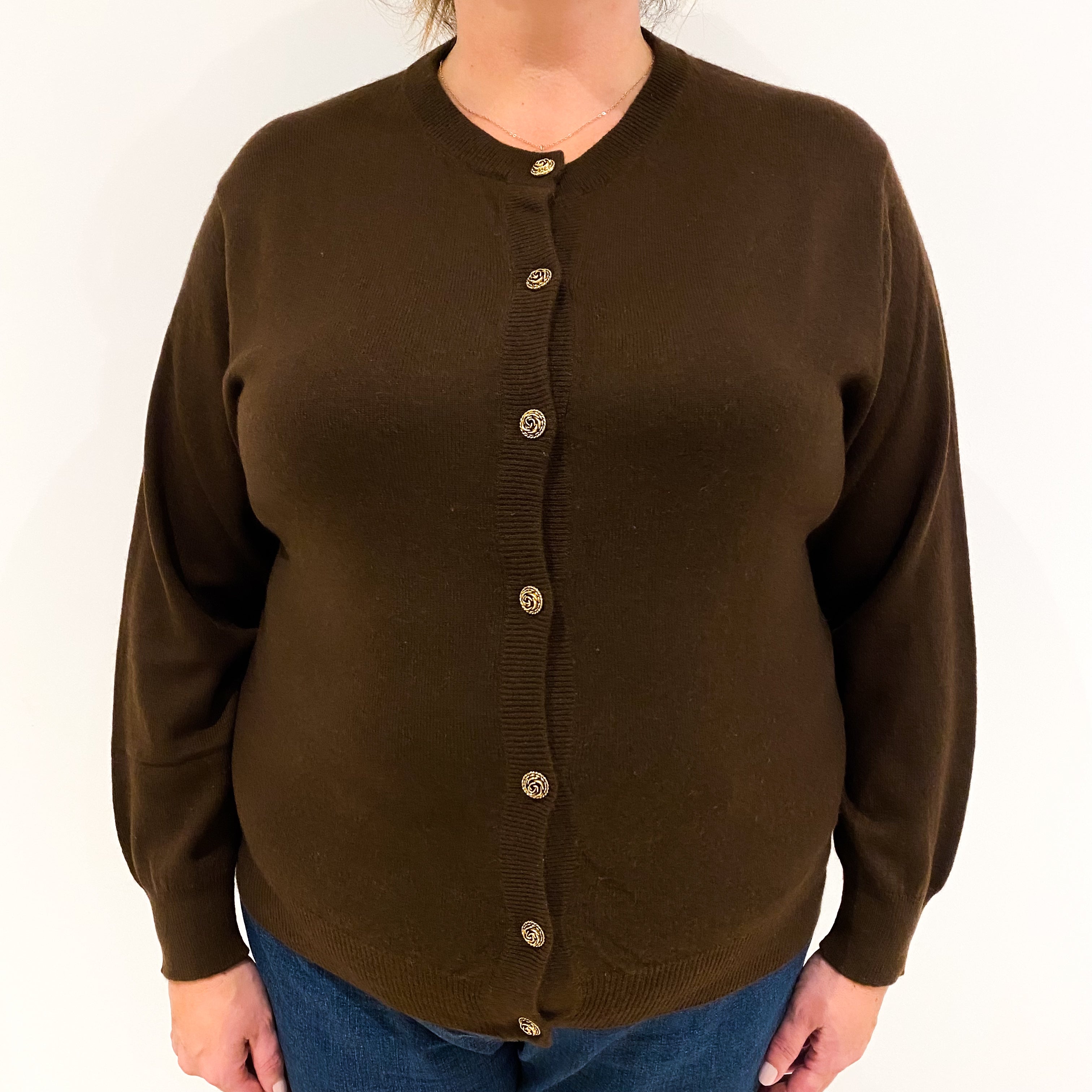 Vintage Chocolate Brown Cashmere Crew Neck Cardigan Extra Large