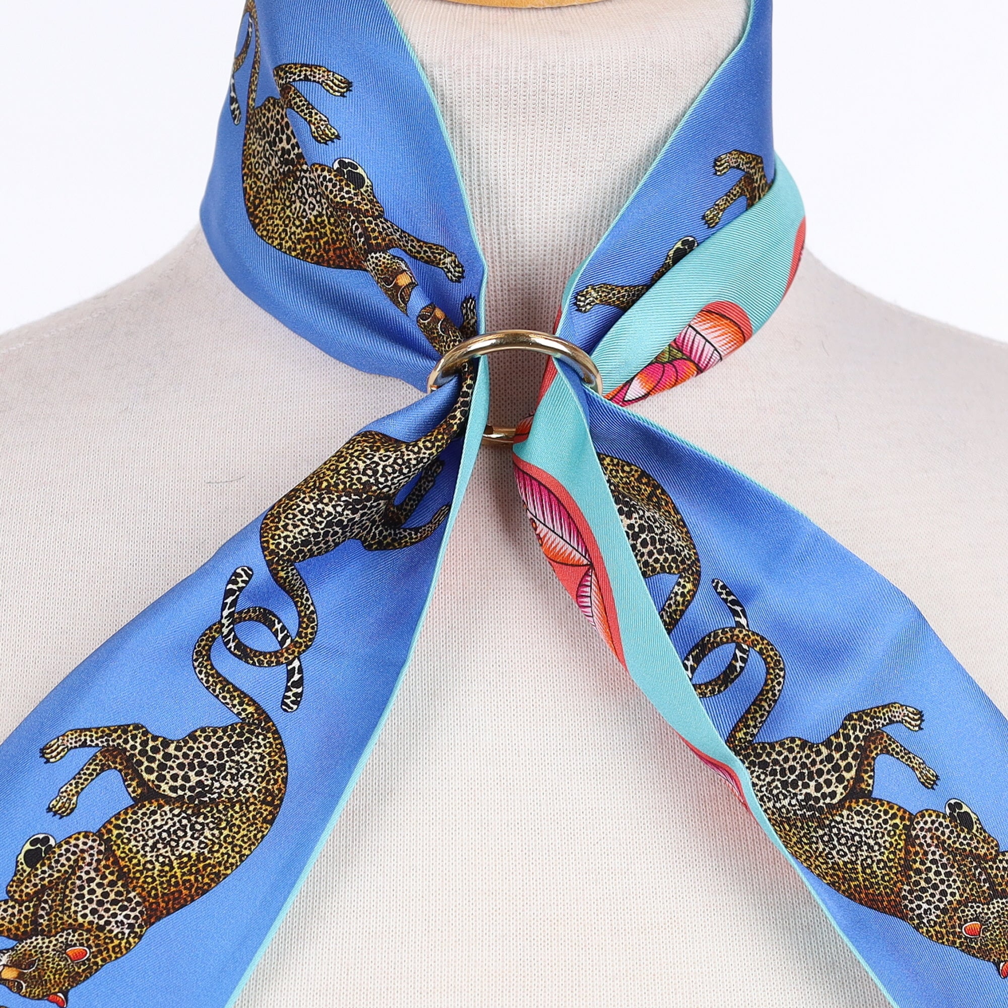 Brand New Bellezza Two Tone Blue Leopard Tropical Double Faced Silk Twilly