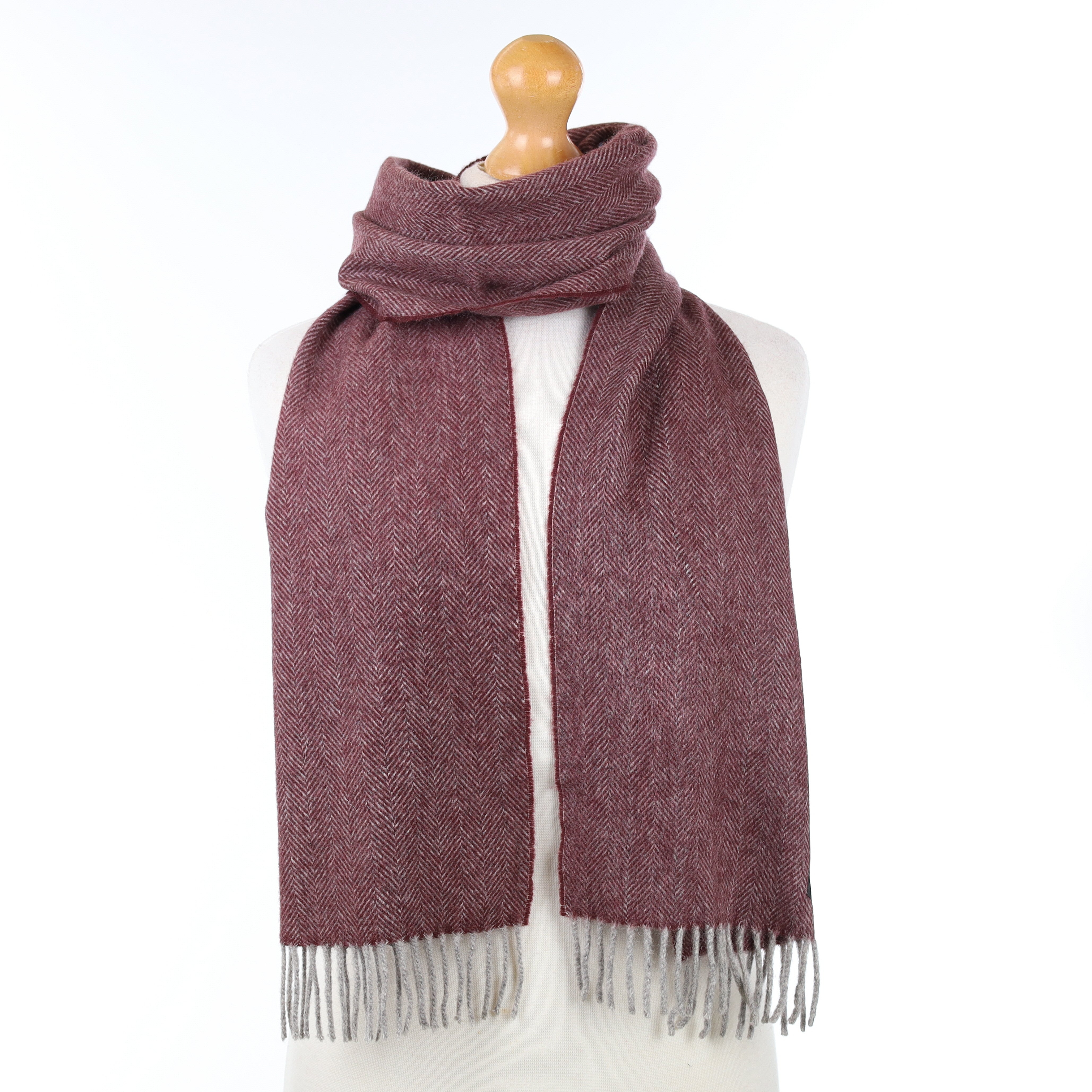 Hohenberger Deepest Red and Grey Herringbone Patterned Cashmere Woven Scarf