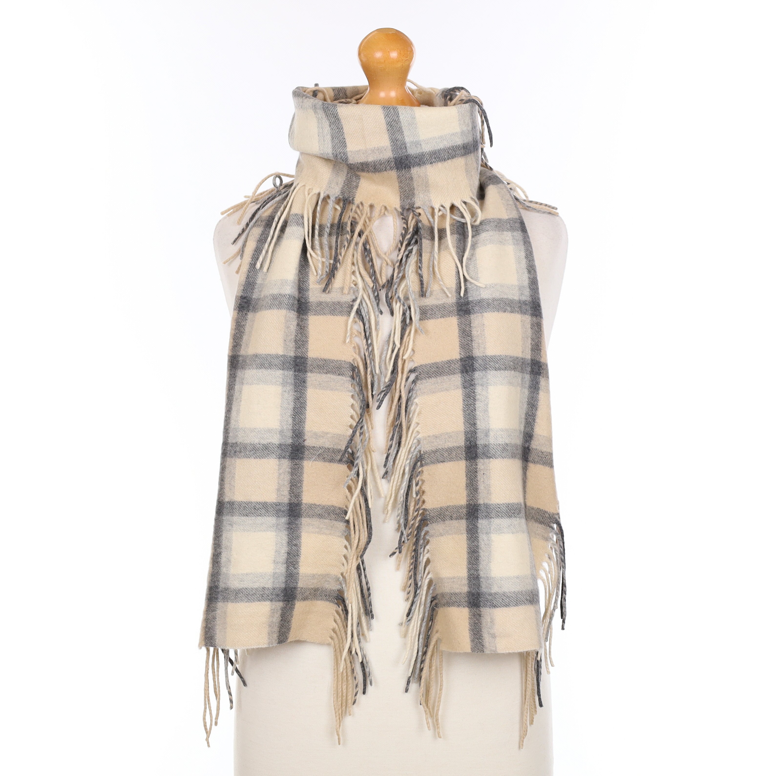 Beige and Grey Checked Tassel Edged Cashmere Woven Scarf