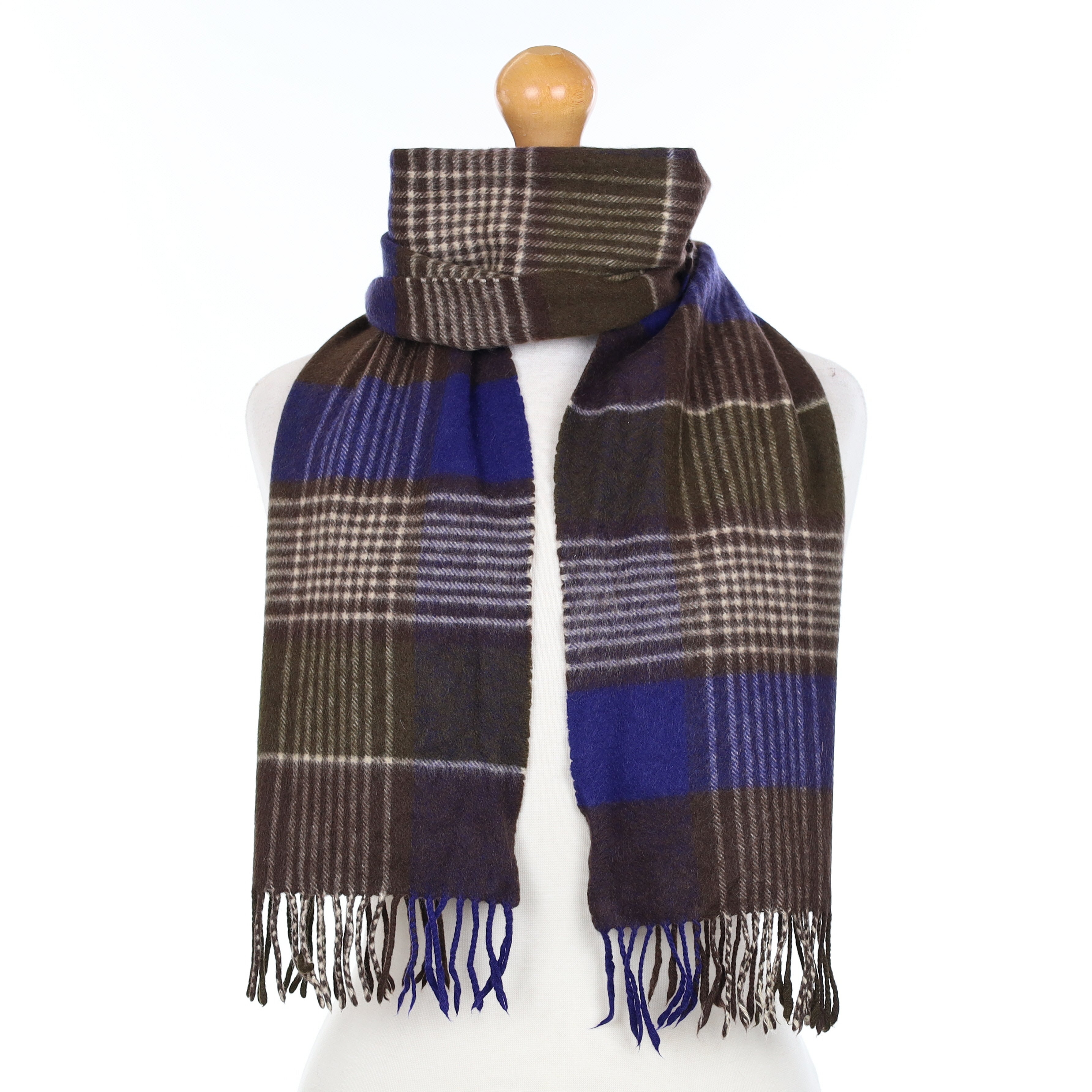 Scottish Blue Brown and Cream Patterned Cashmere Woven Scarf
