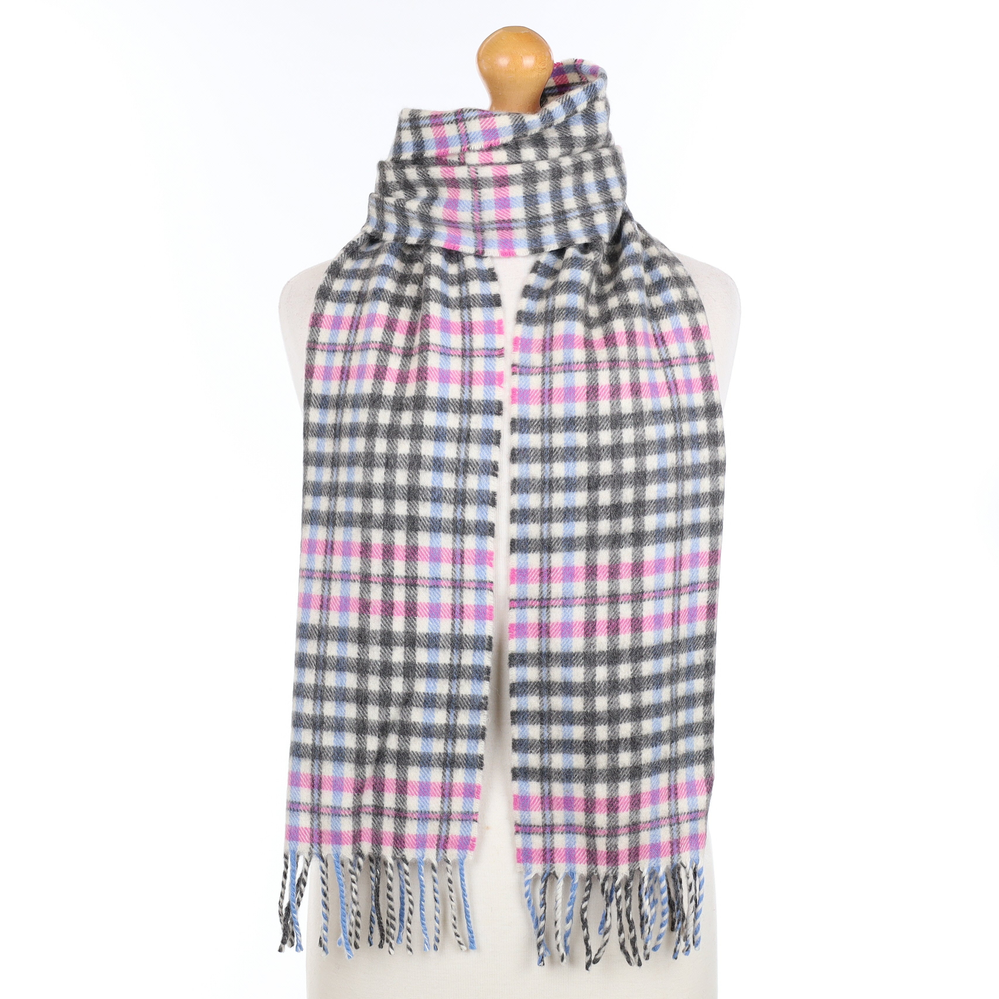 Blue Pink and Grey Checked Cashmere Woven Scarf