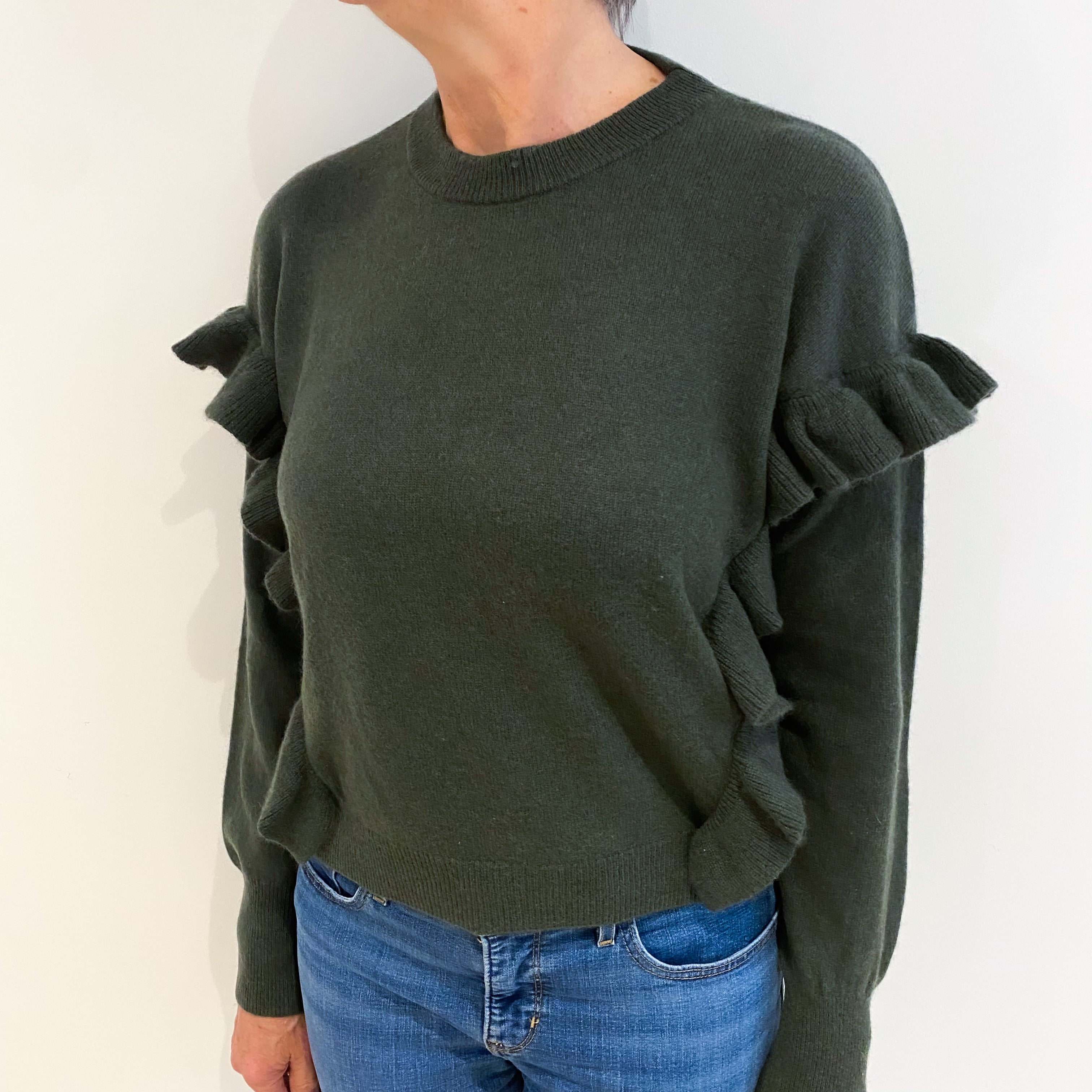 Deep Khaki Green Ruffle Cashmere Crew Neck Jumper Medium