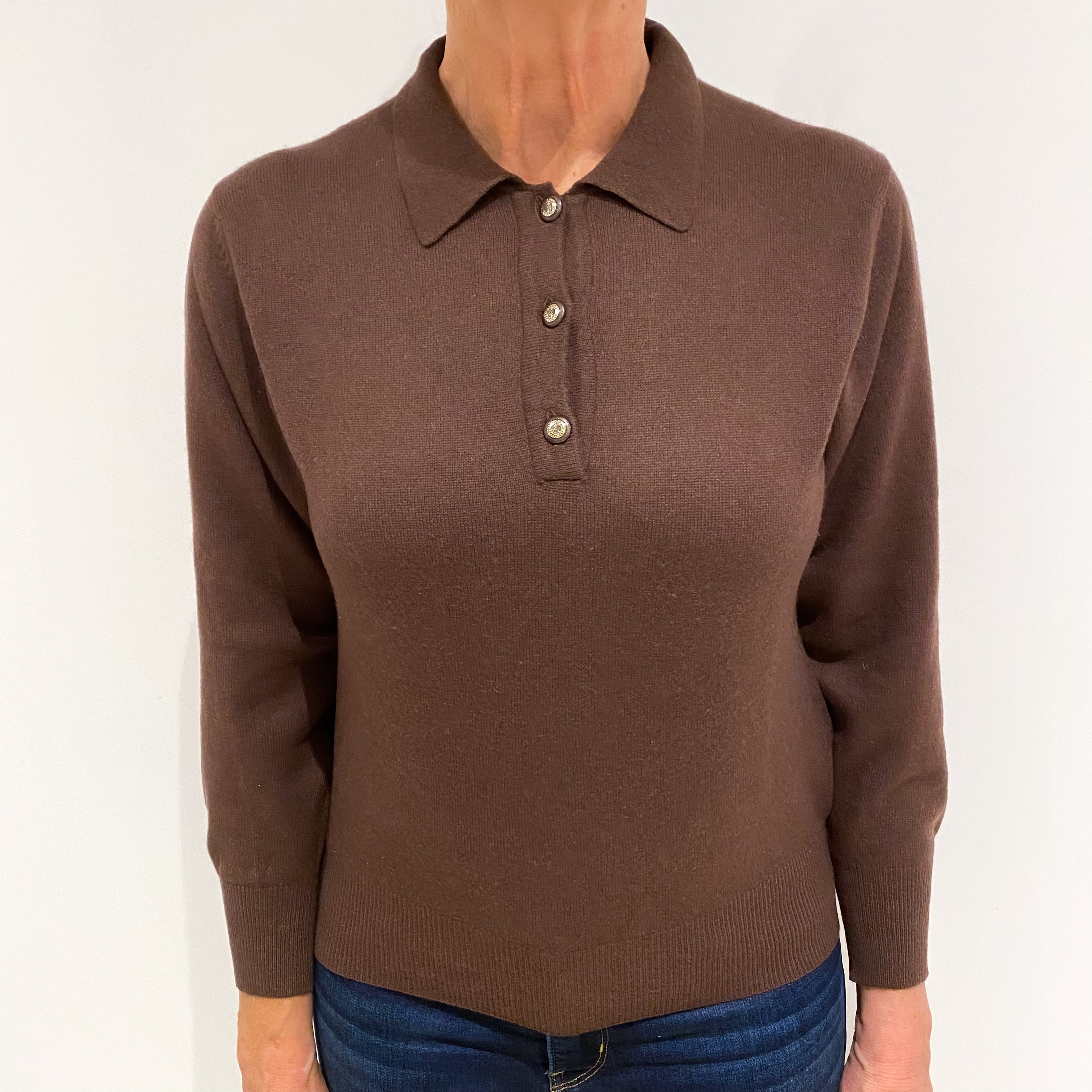 Pecan Brown Cashmere Collared 1/4 Button Jumper Medium