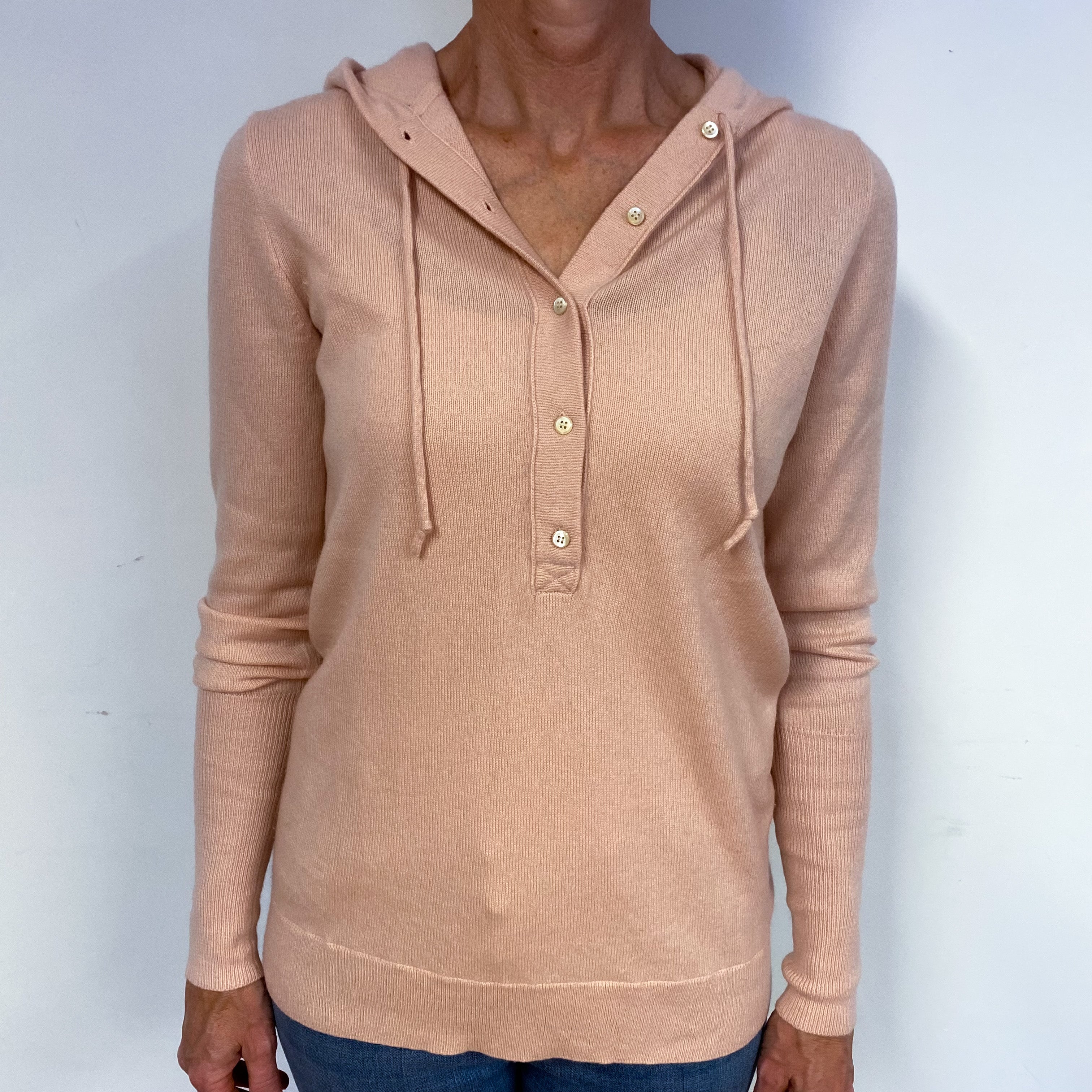 Shell Pink Cashmere Buttoned Hoodie Jumper Medium