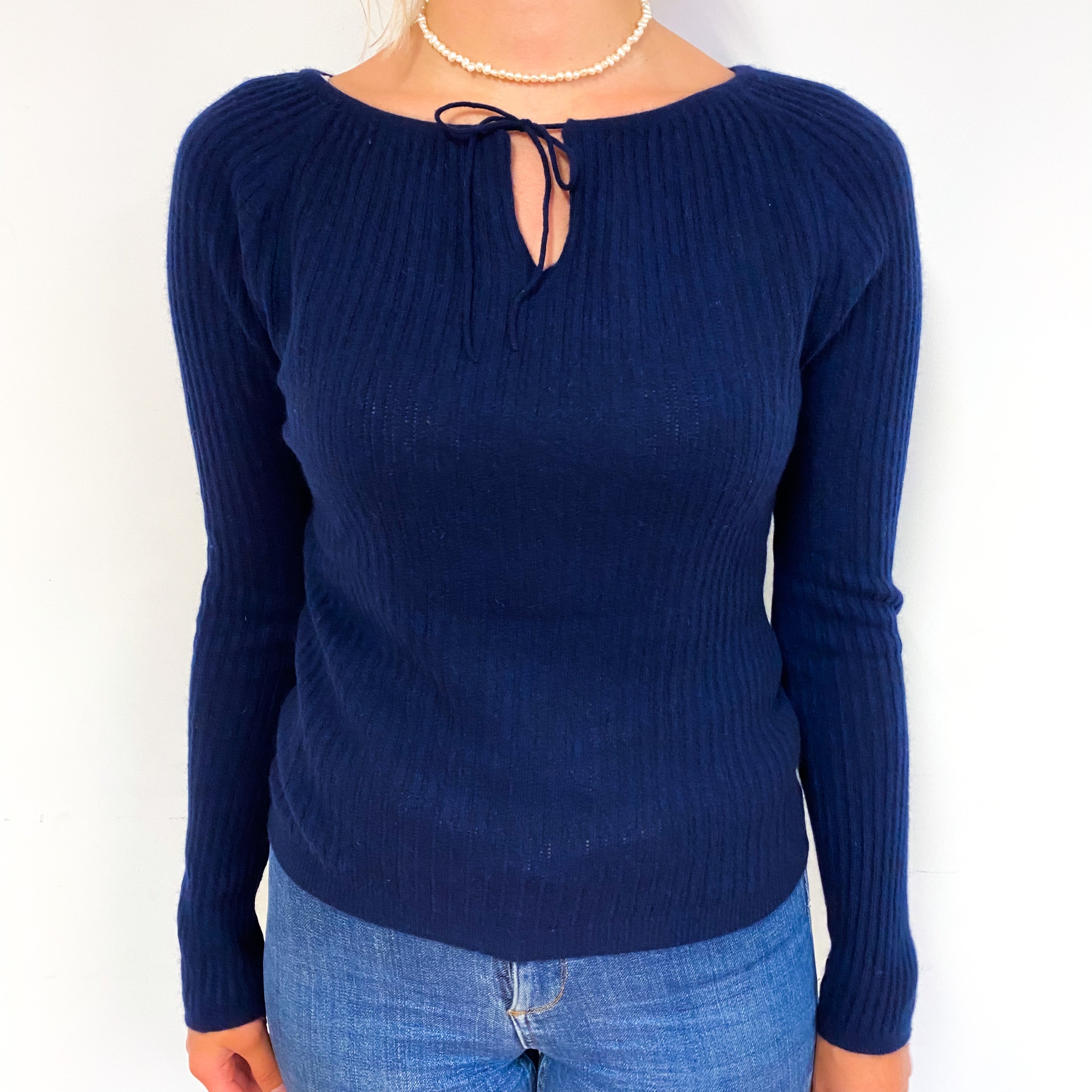 Navy Ribbed Drawstring Cashmere Notch Neck Jumper Small
