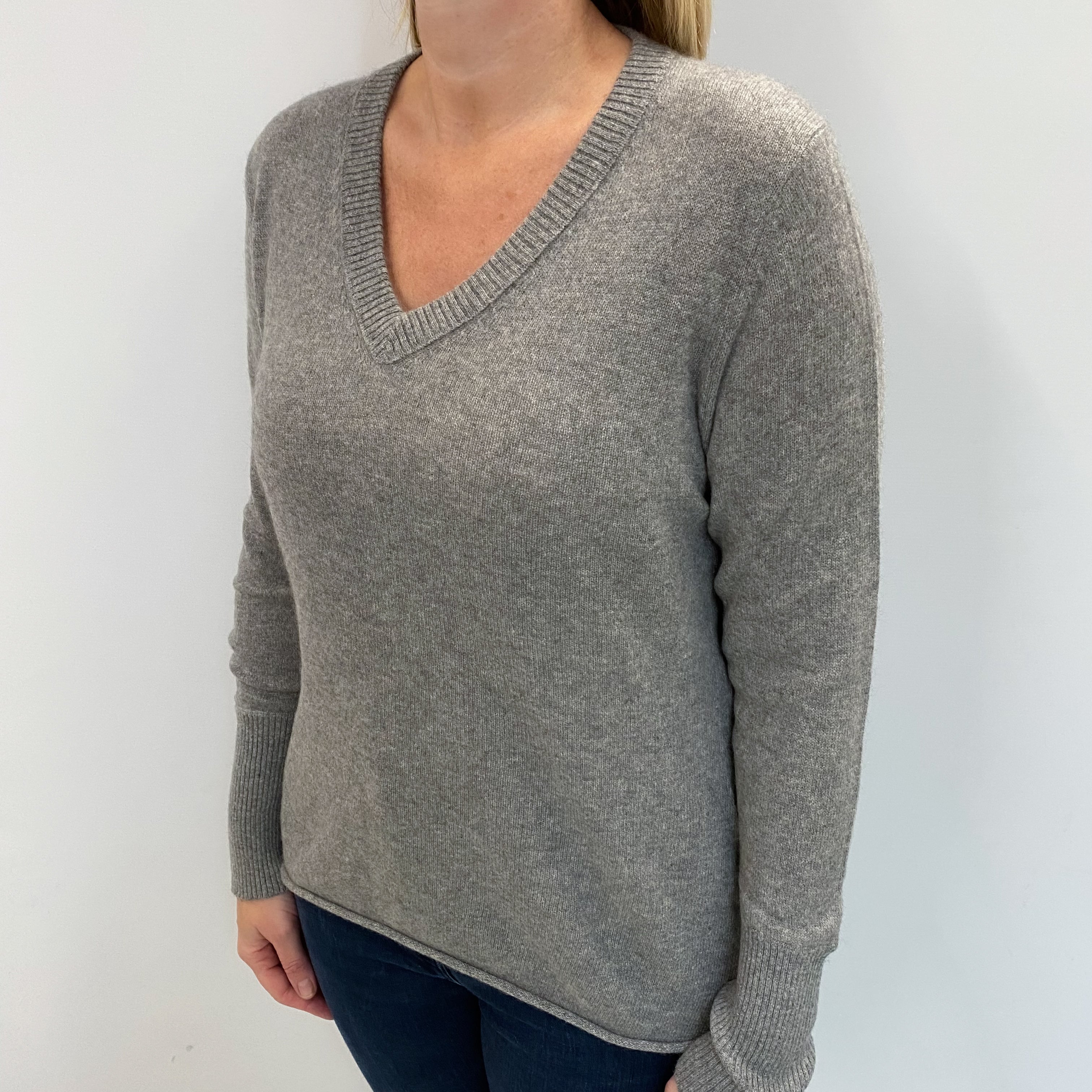 Smoke Grey Cashmere V Neck Jumper Large