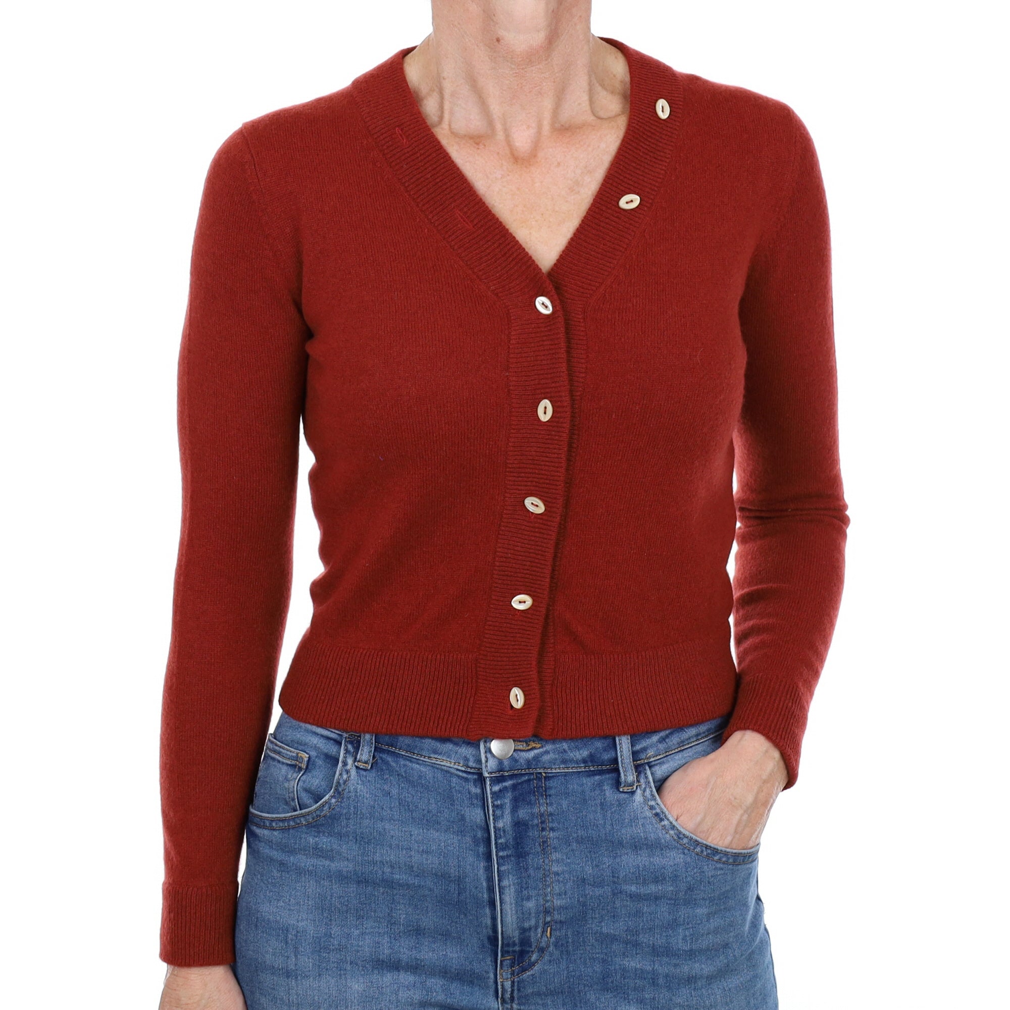 Brick Red Cashmere V Neck Cardigan Small