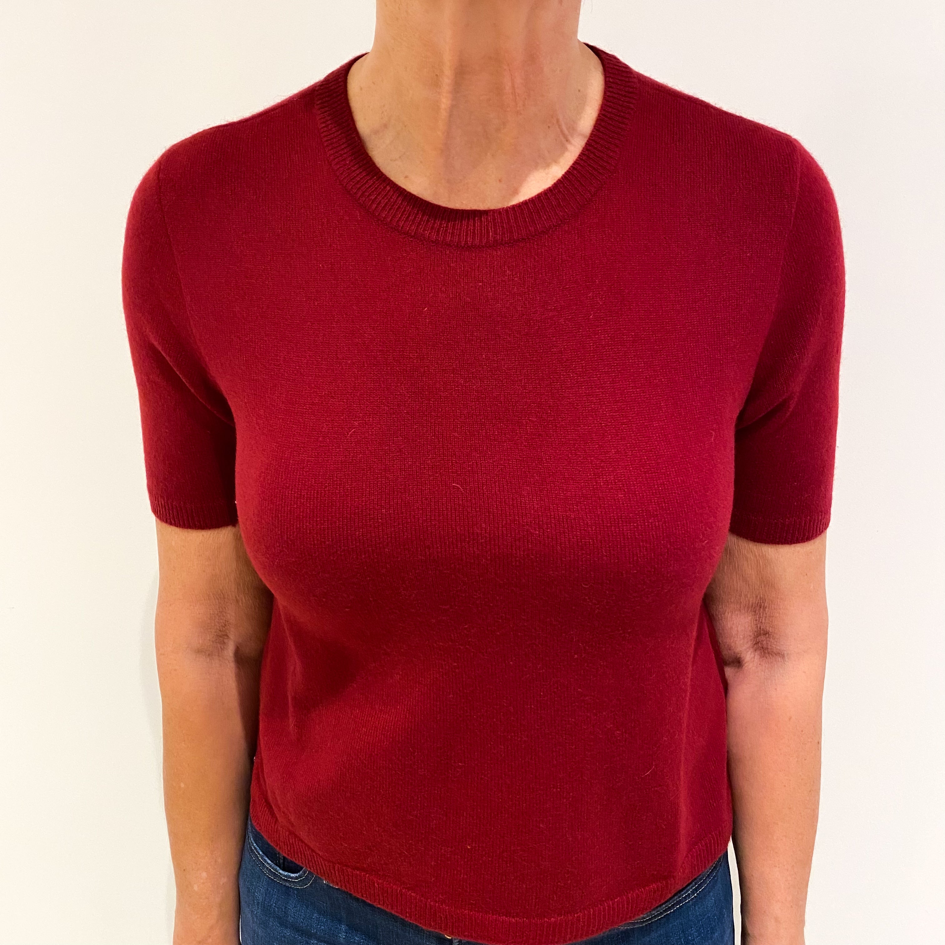 Maroon Red Short Sleeved Cashmere Crew Neck Jumper Medium