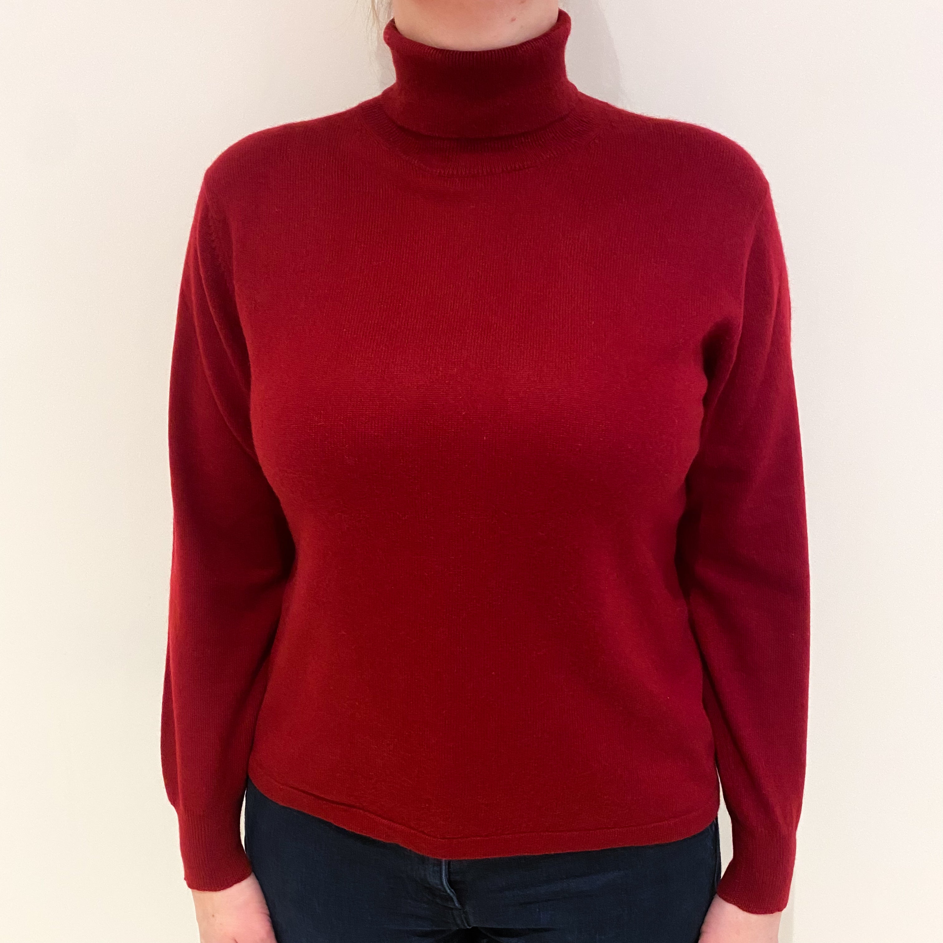 Crimson Red Cashmere Polo Neck Jumper Large