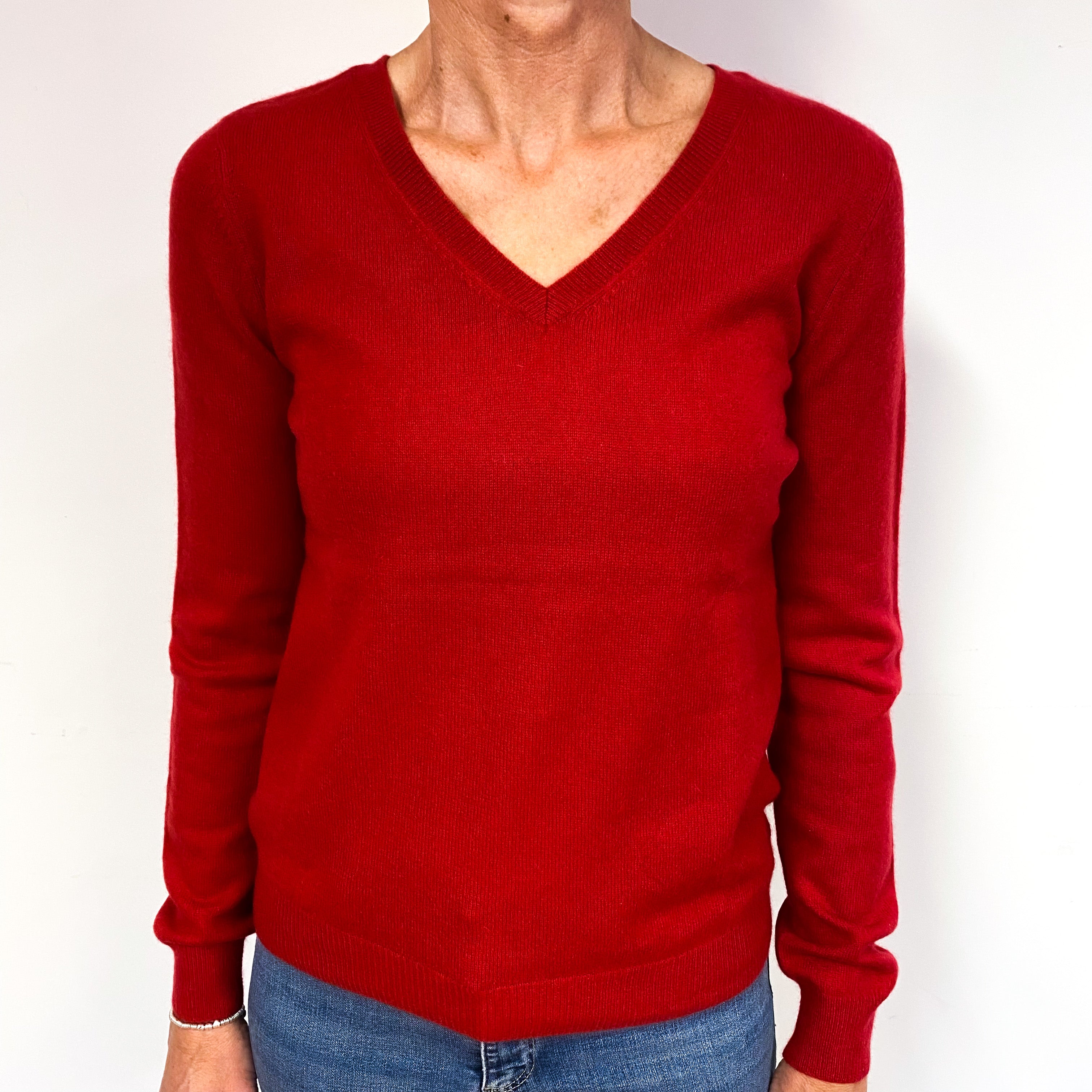 Post Box Red Cashmere V-Neck Jumper Medium