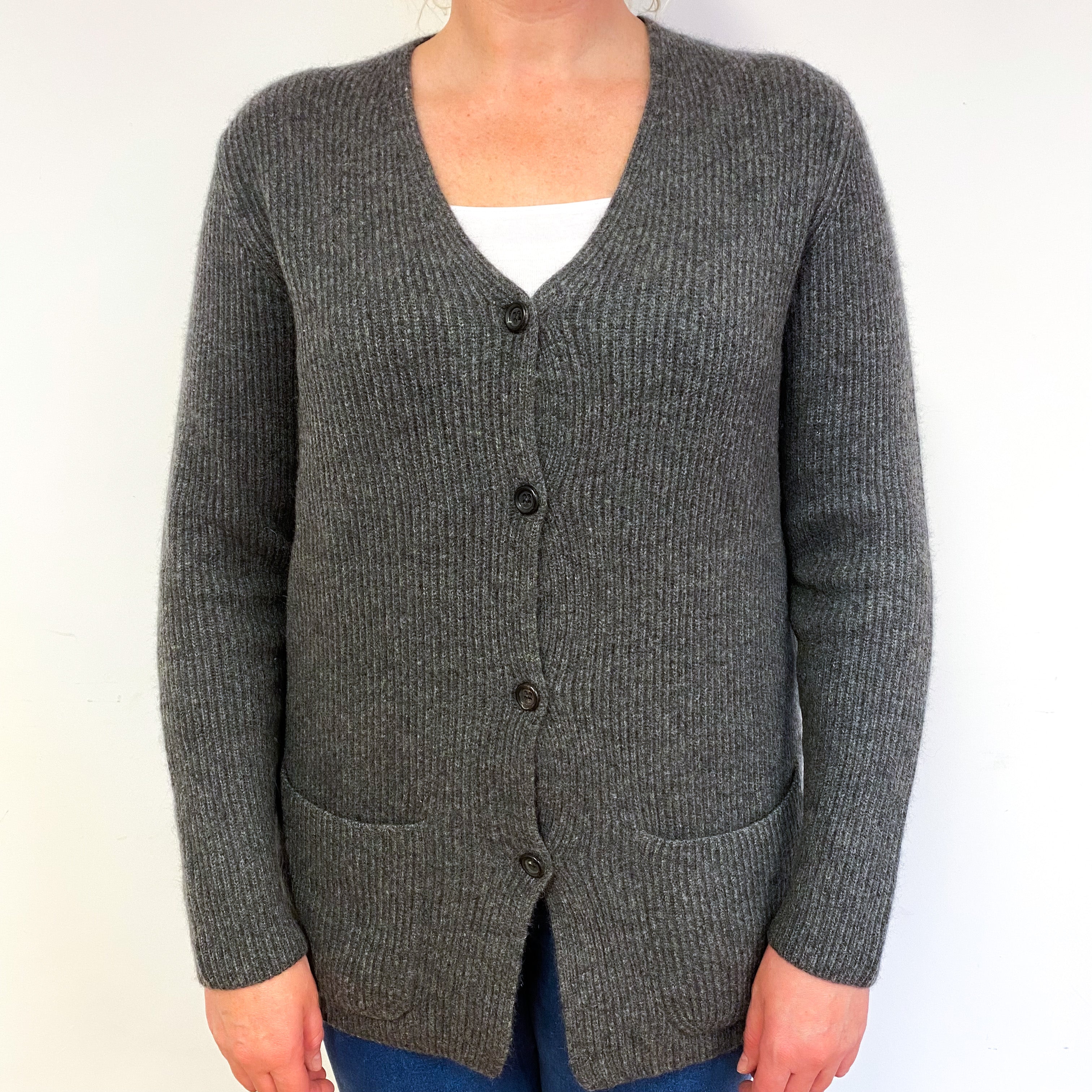 Slate Grey Chunky Cashmere V-Neck Cardigan Large