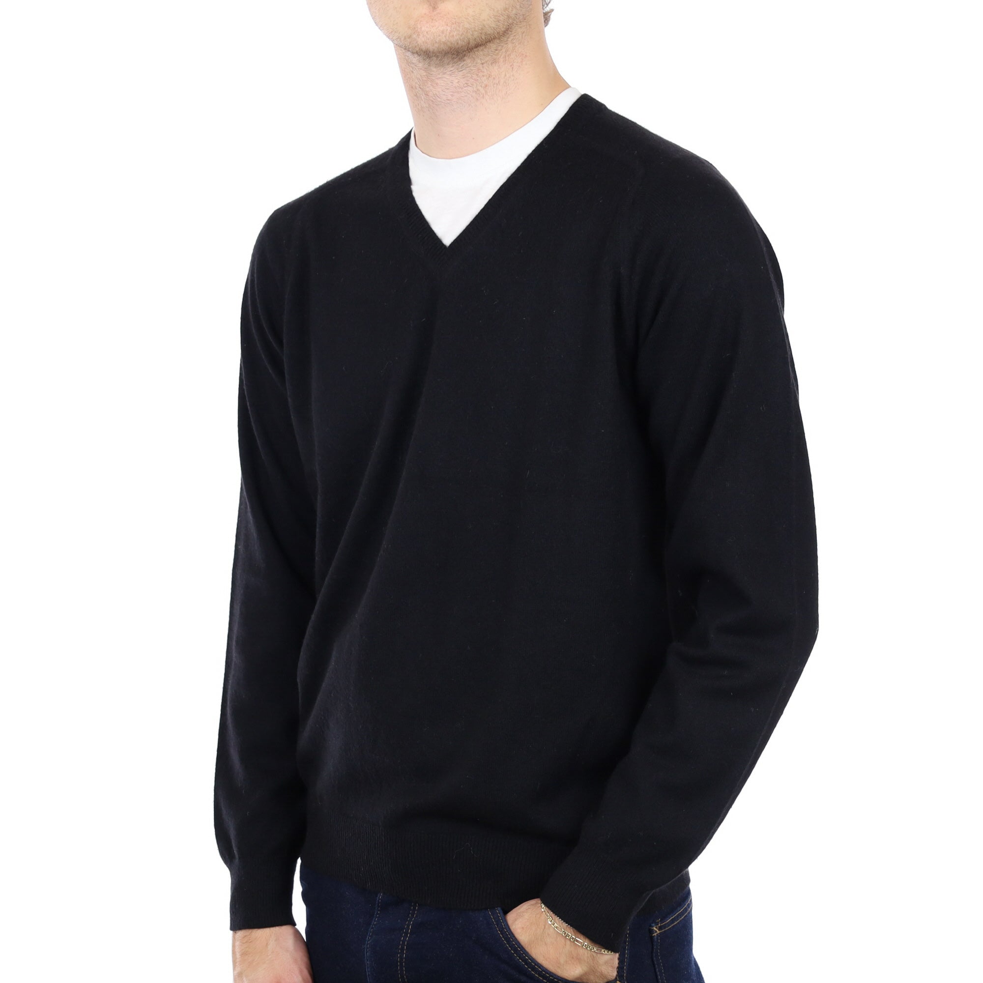 Men's Jaeger Black Cashmere V Neck Jumper Large