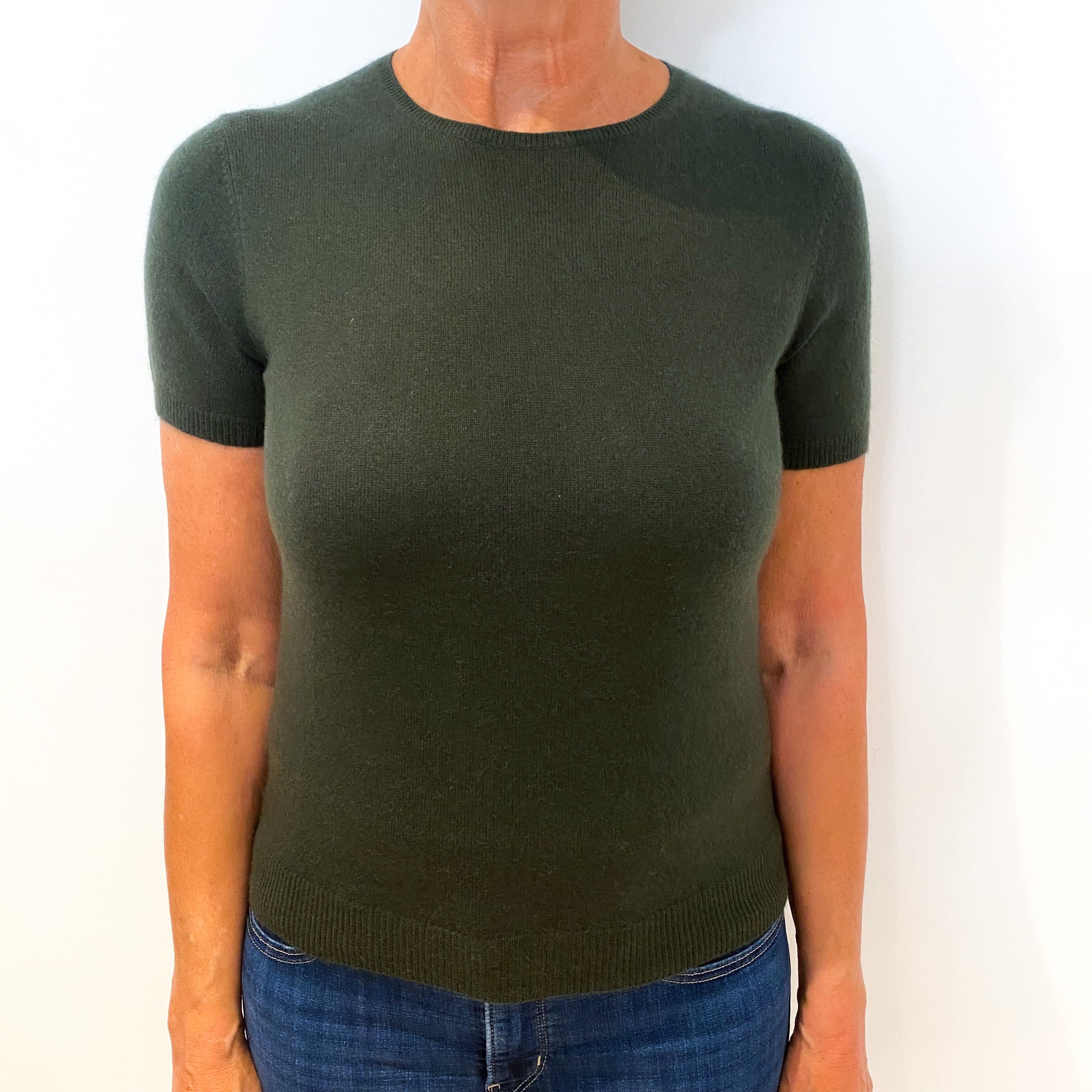 Forest Green Short Sleeved Cashmere Crew Neck Jumper Medium
