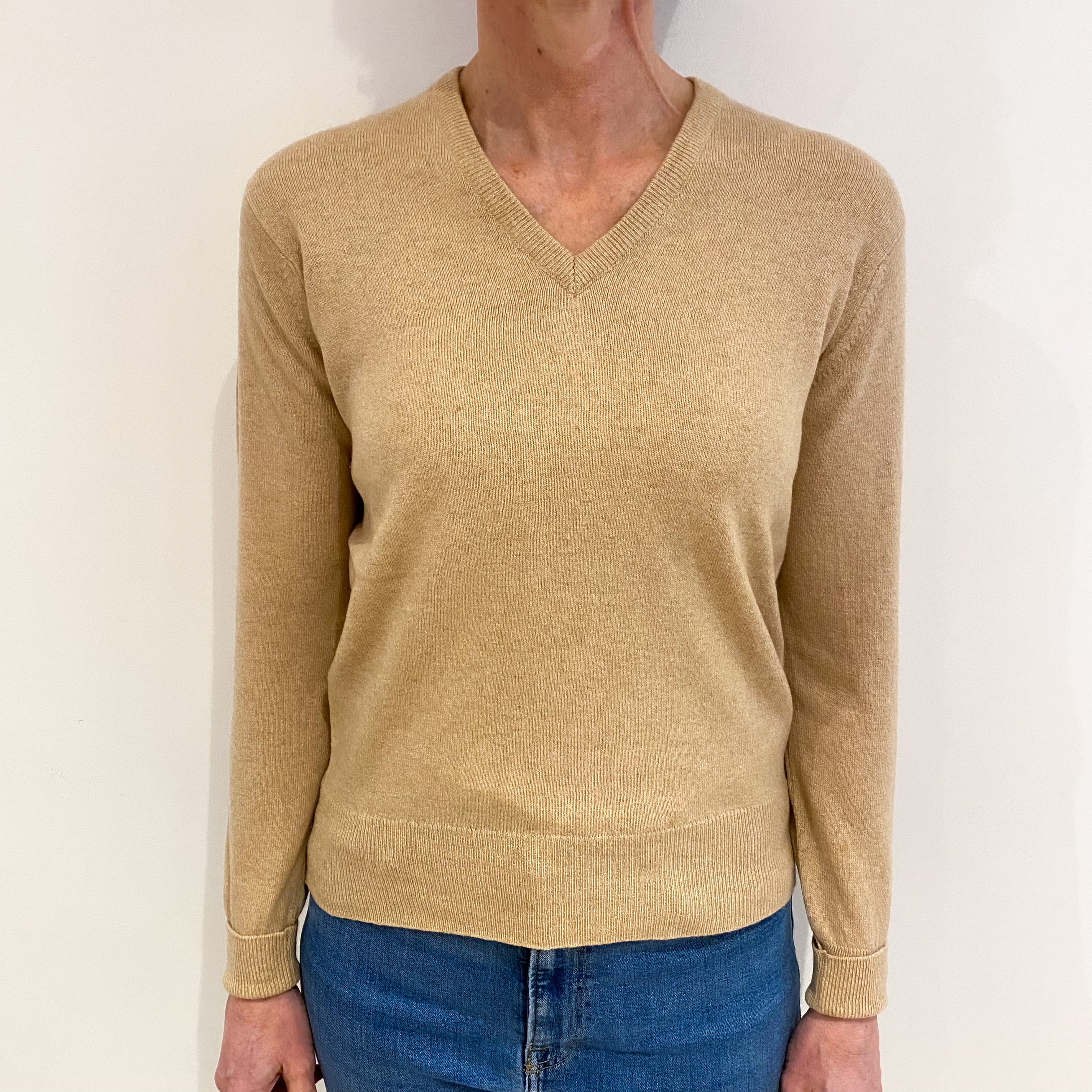 Vintage Scottish Sand Beige Cashmere V Neck Jumper Small