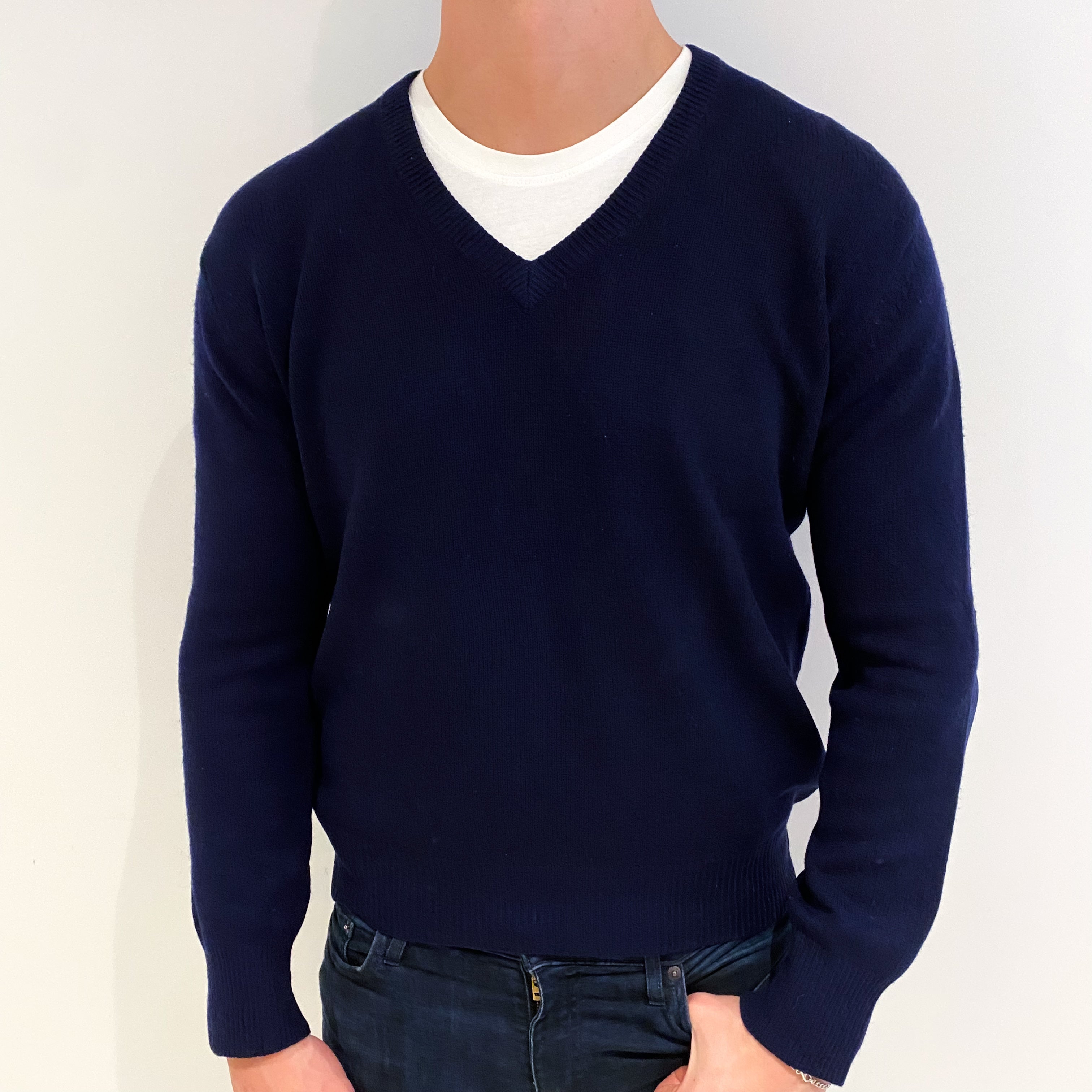 Men's Vintage Navy Blue Cashmere V Neck Jumper XL
