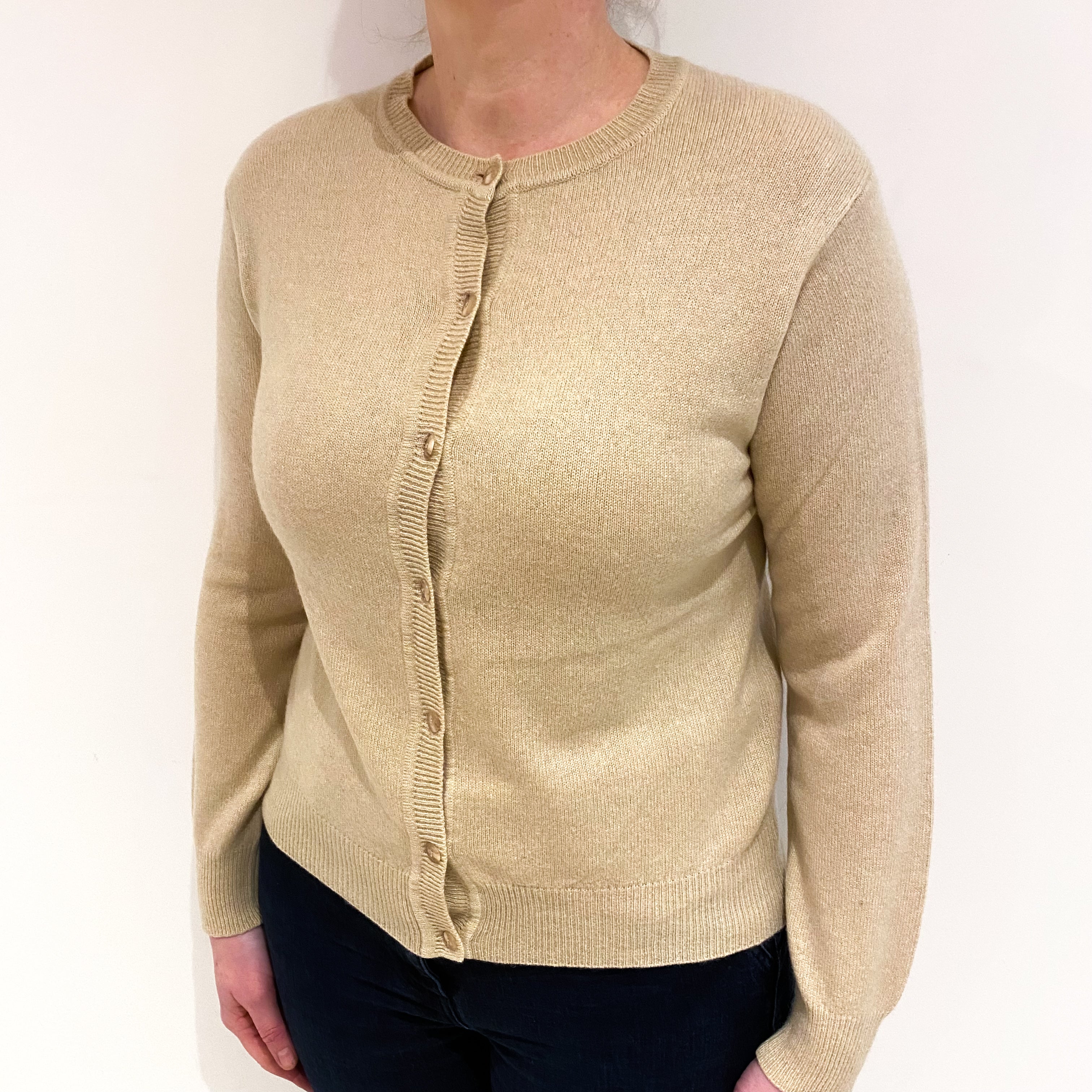 Honey Beige Cashmere Crew Neck Cardigan Large