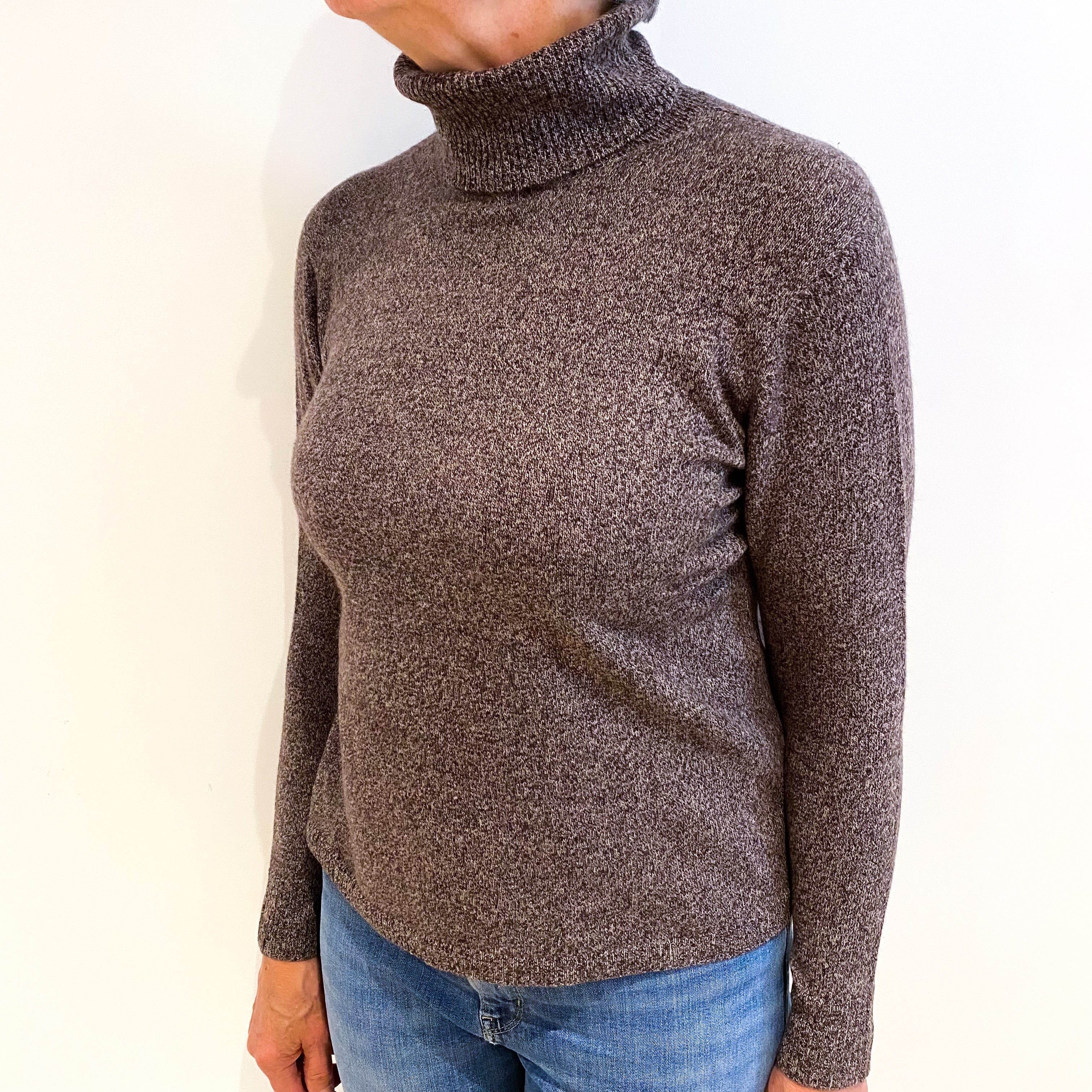 Chocolate Brown Marl Cashmere Polo Neck Jumper Medium