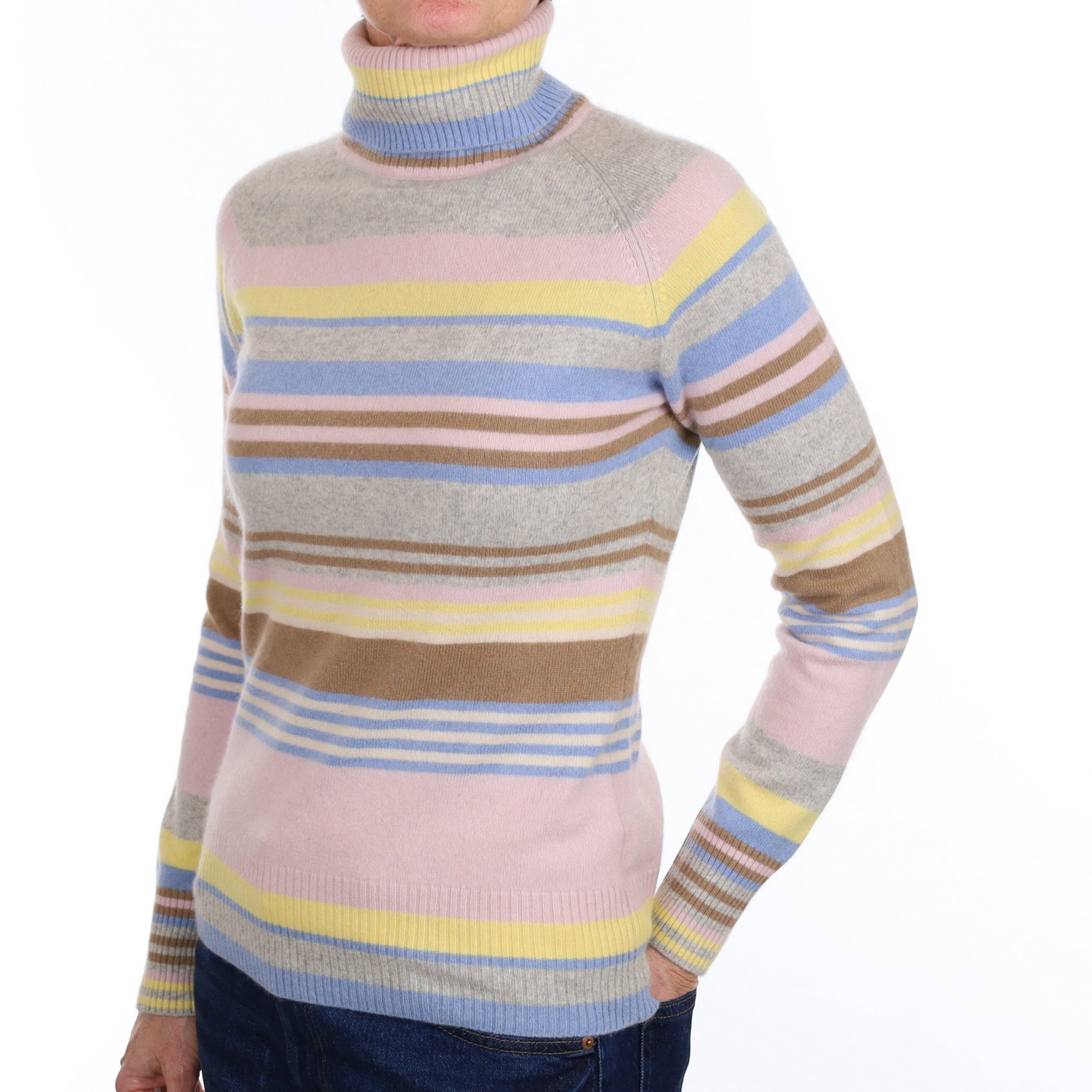 Grey Patel Stripe Cashmere Polo Neck Jumper Small