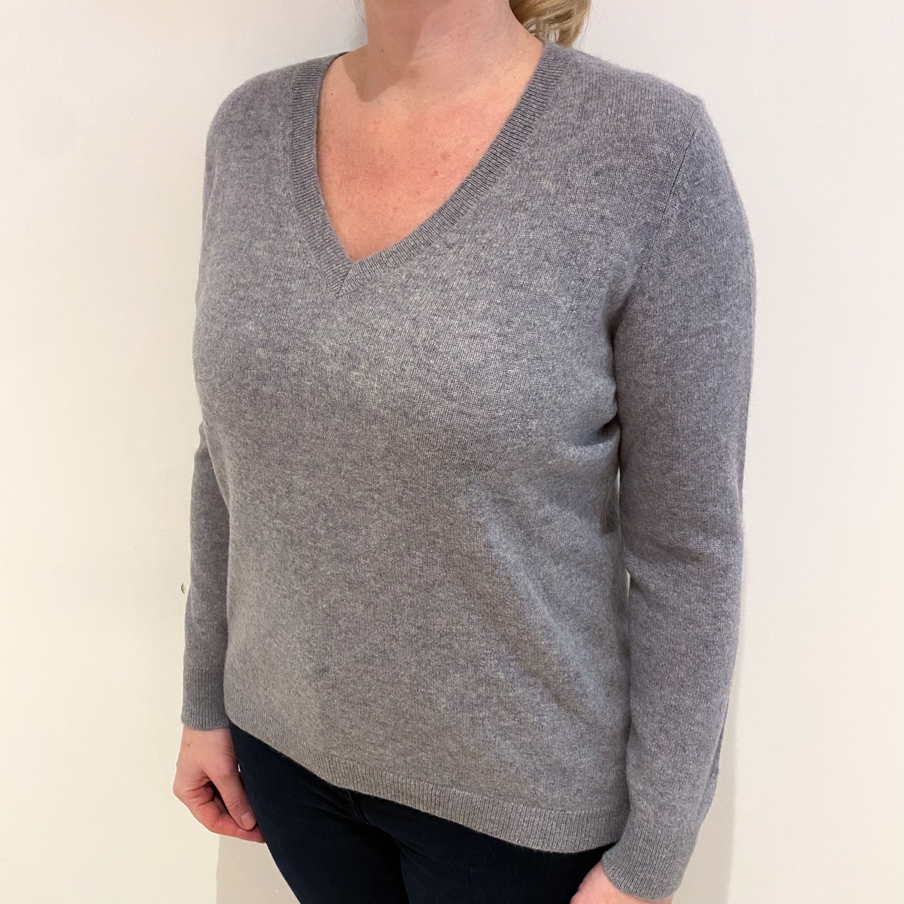 Smoke Grey Cashmere V Neck Jumper Large