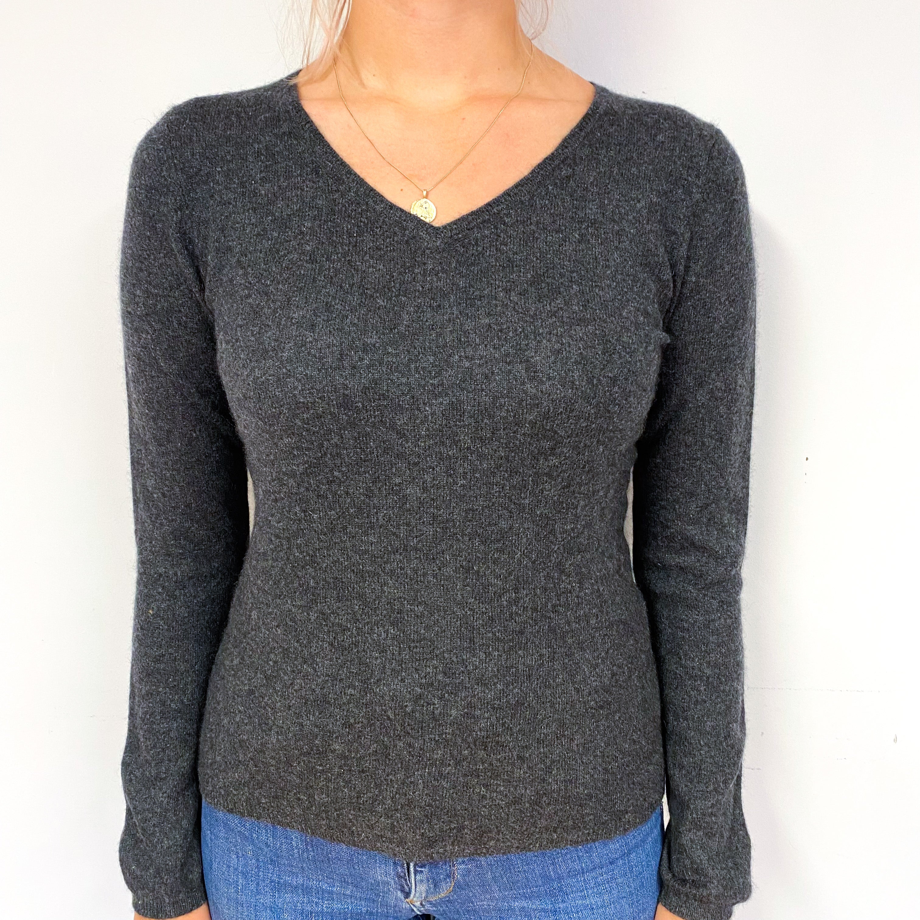 Dark Slate Grey Cashmere V-Neck Jumper Small