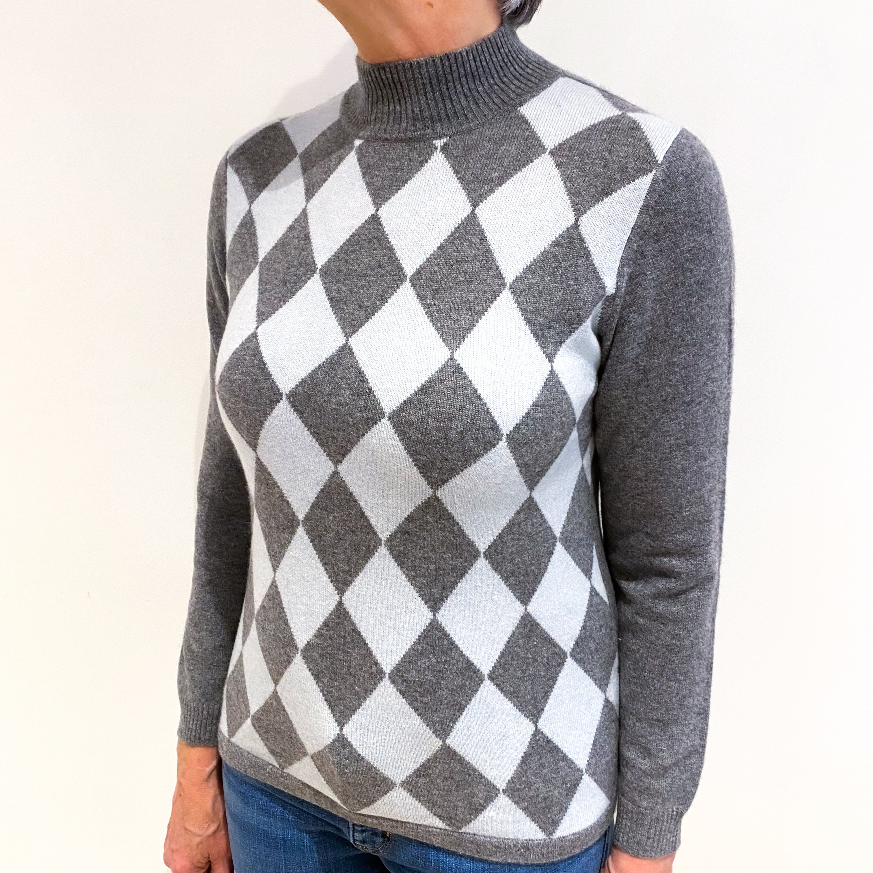 Steel Grey And Ice Blue Diamond Design Cashmere Polo Neck Jumper Medium