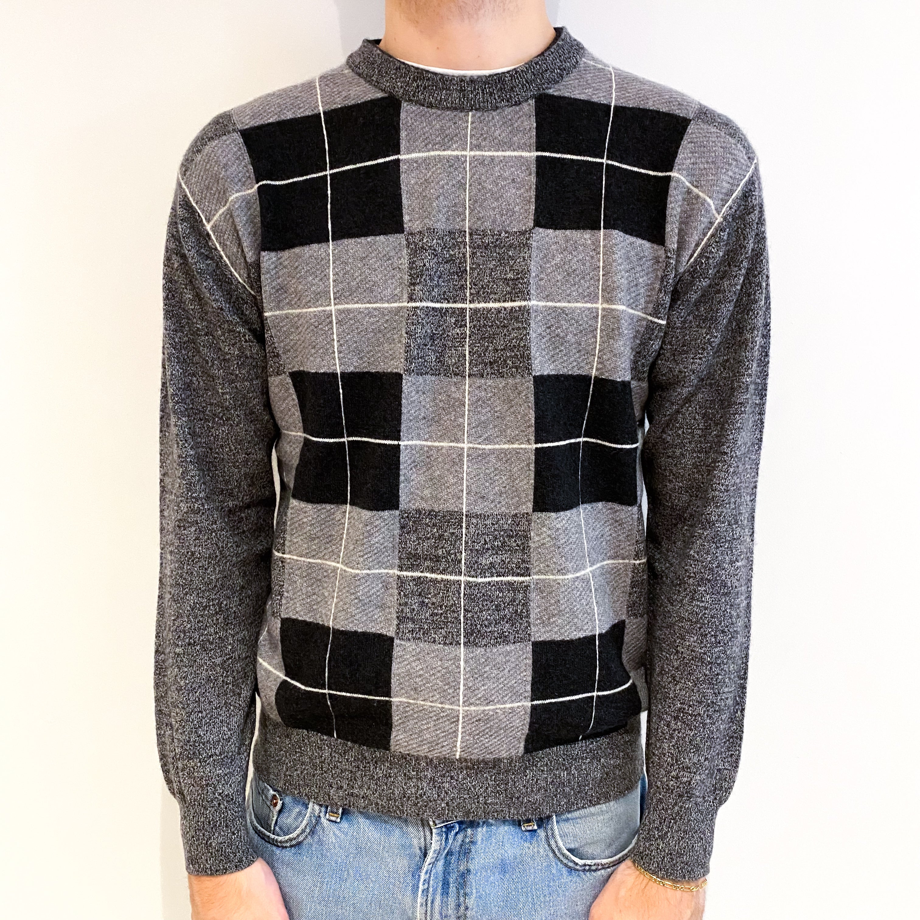 Men's Steel Grey Marl Checked Cashmere Crew Neck Jumper Medium