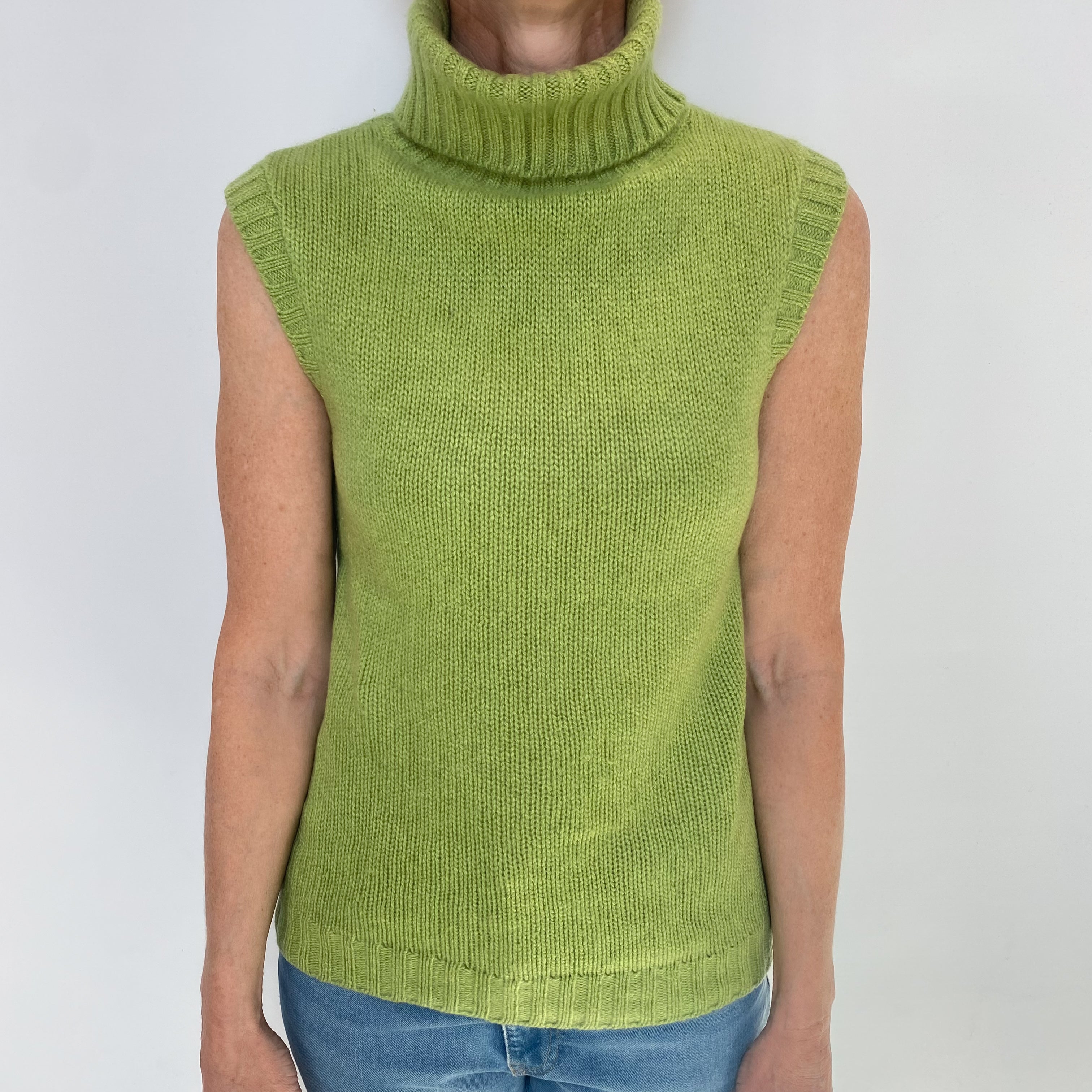 Pear Green Cashmere Chunky Sleeveless Polo Neck Jumper Small