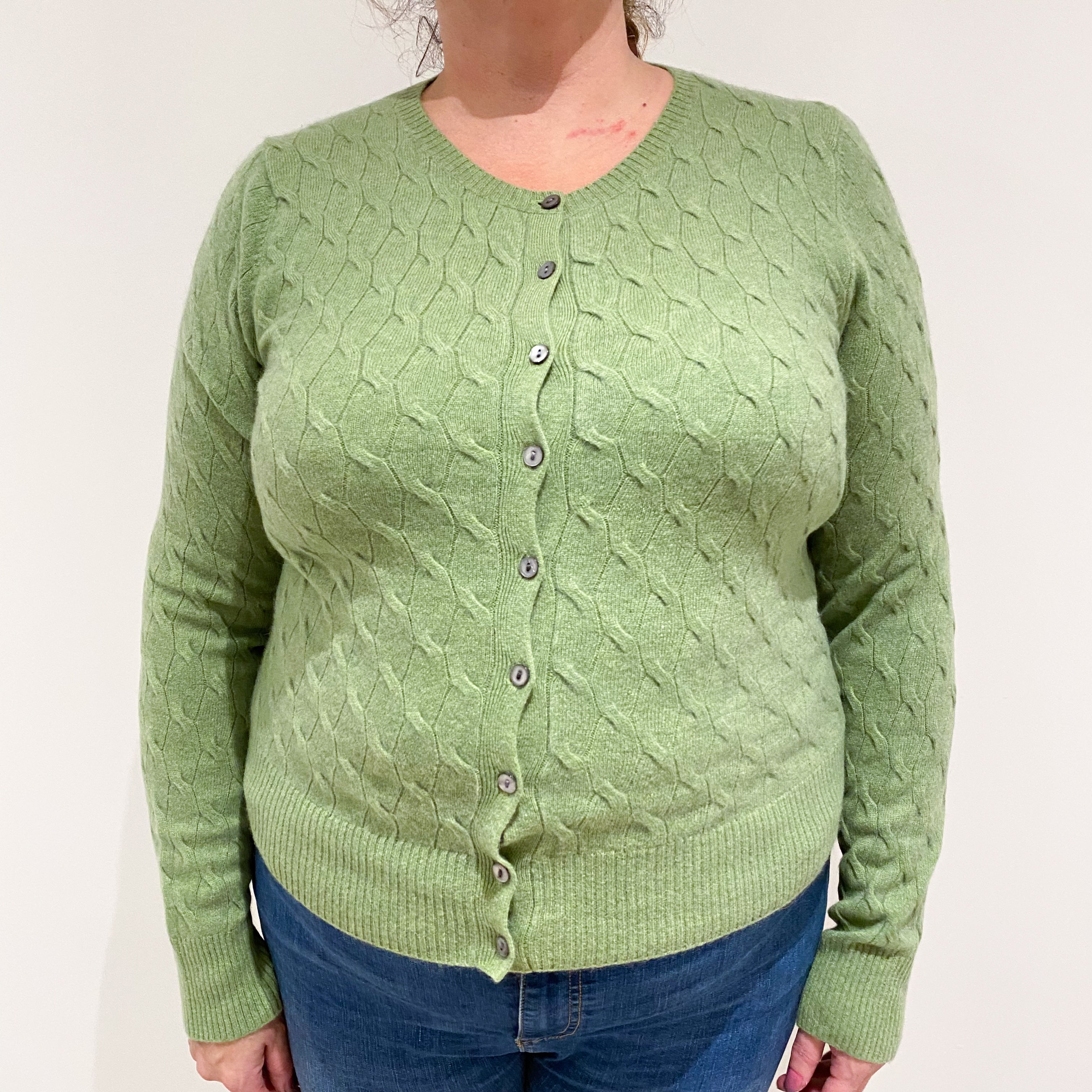 Pickle Green Cable Knit Cashmere Crew Neck Cardigan Extra Large