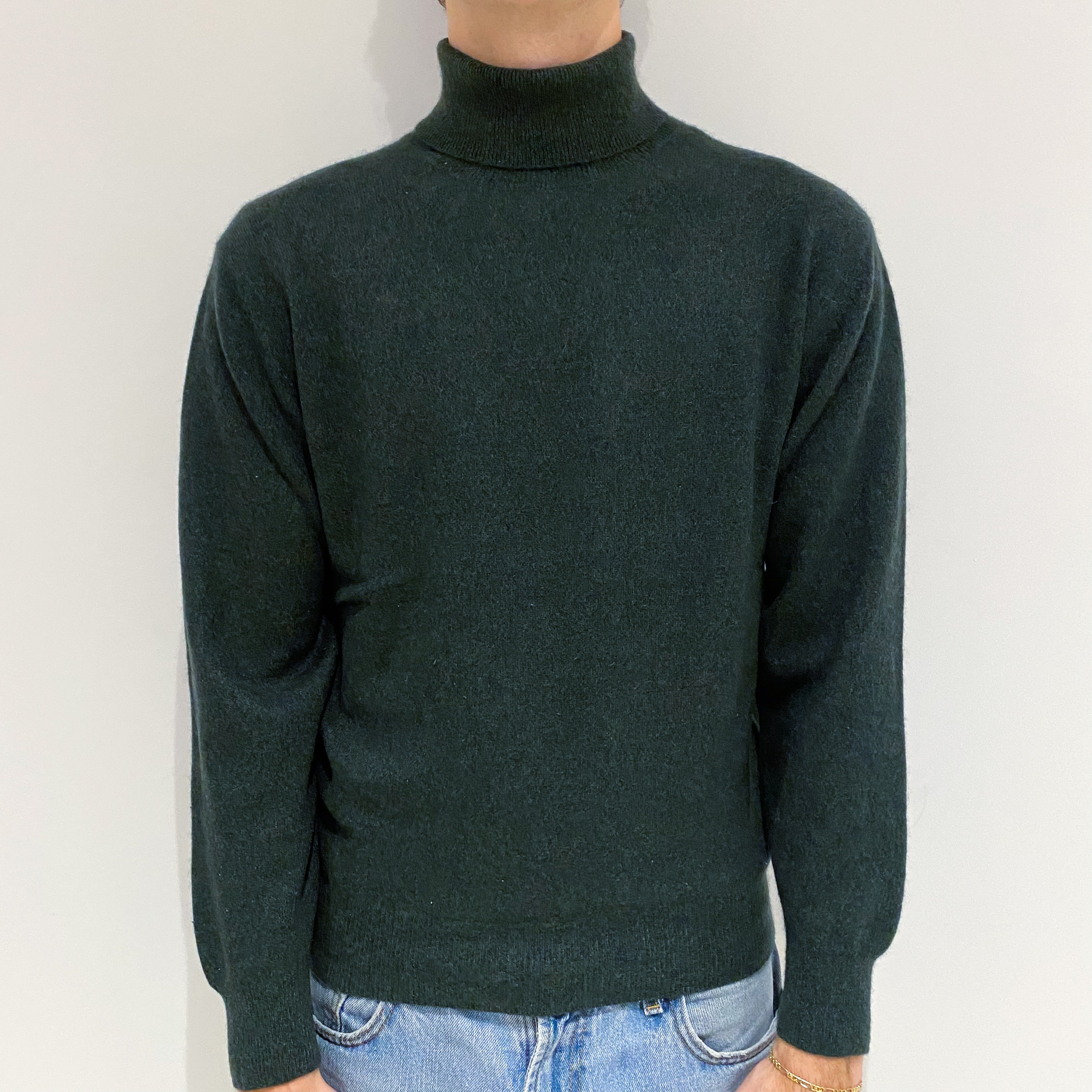 Men's Forest Green Cashmere Polo Neck Jumper Large