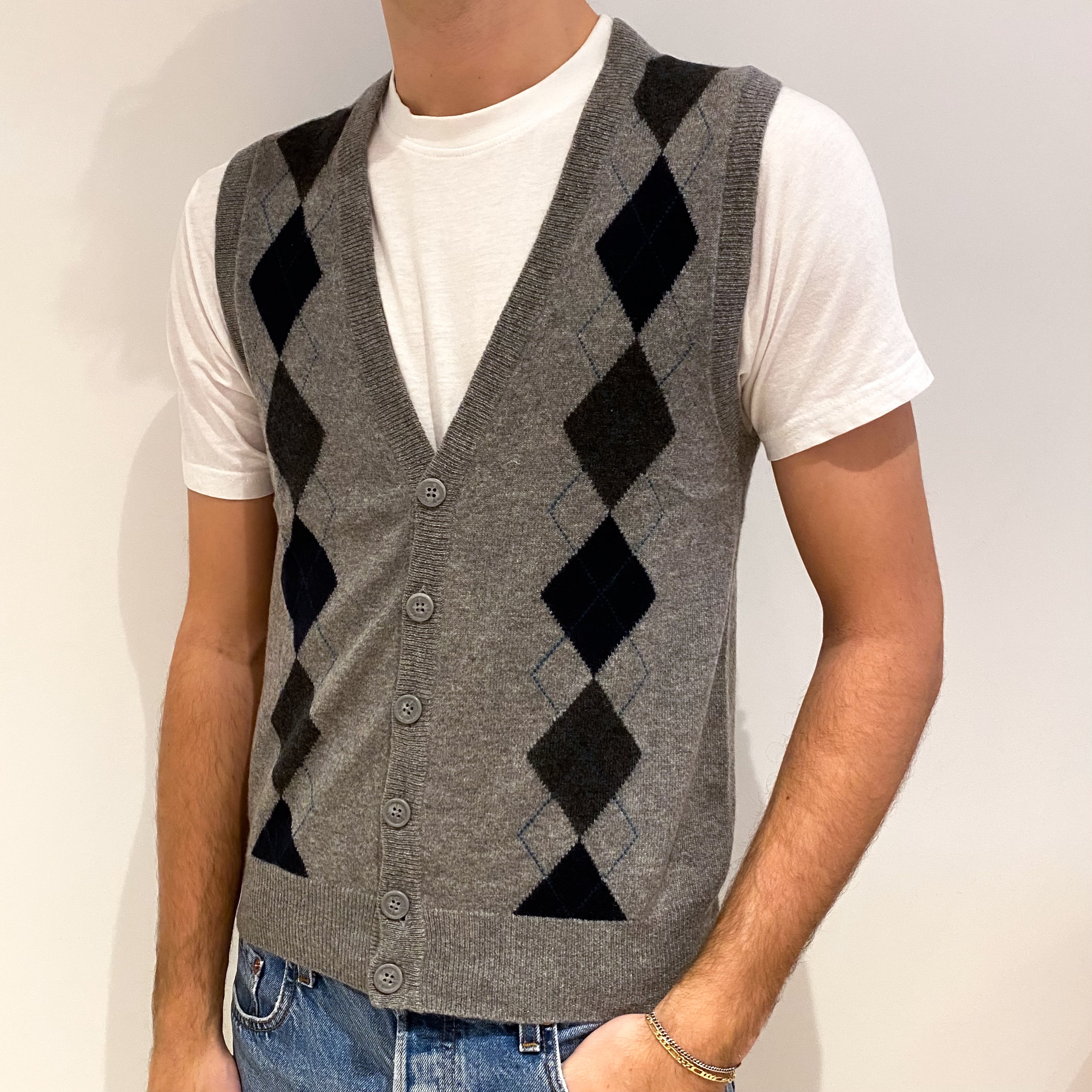 Men's Ash Grey Diamond Cashmere V Neck Gilet Medium