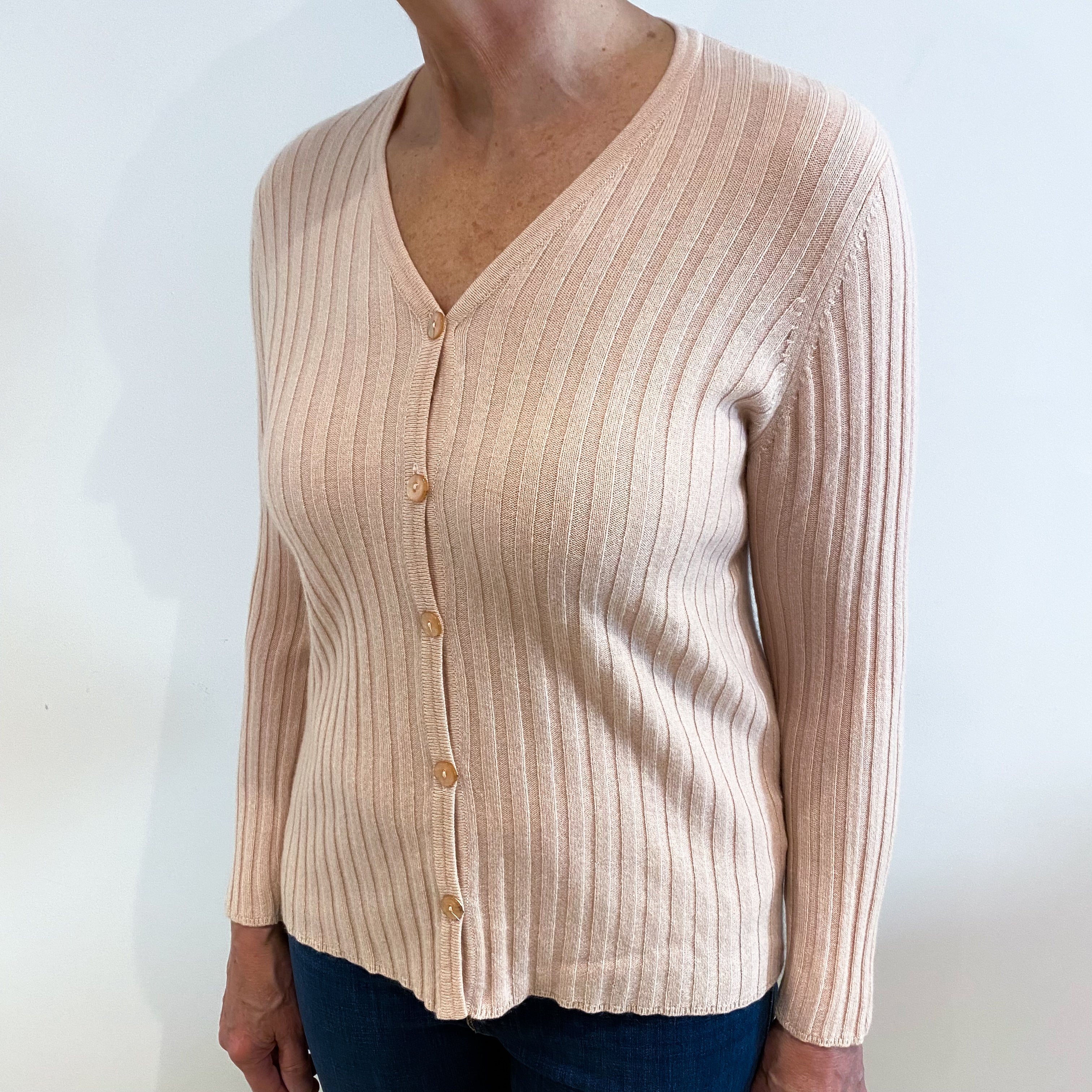 Marl Shell Pink Ribbed Cashmere V Neck Cardigan Medium