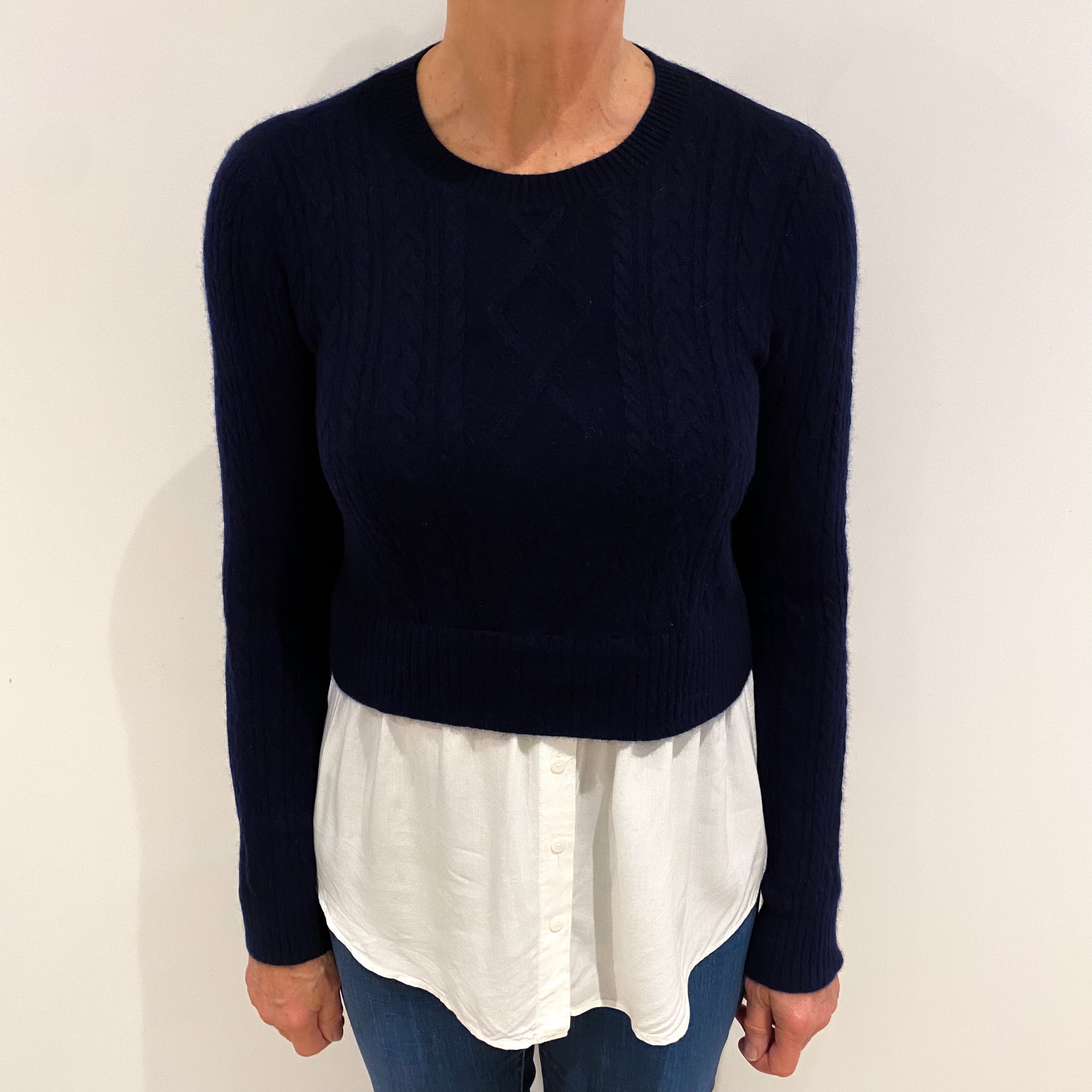 Midnight Blue Cashmere Crew Neck Cable Jumper Medium