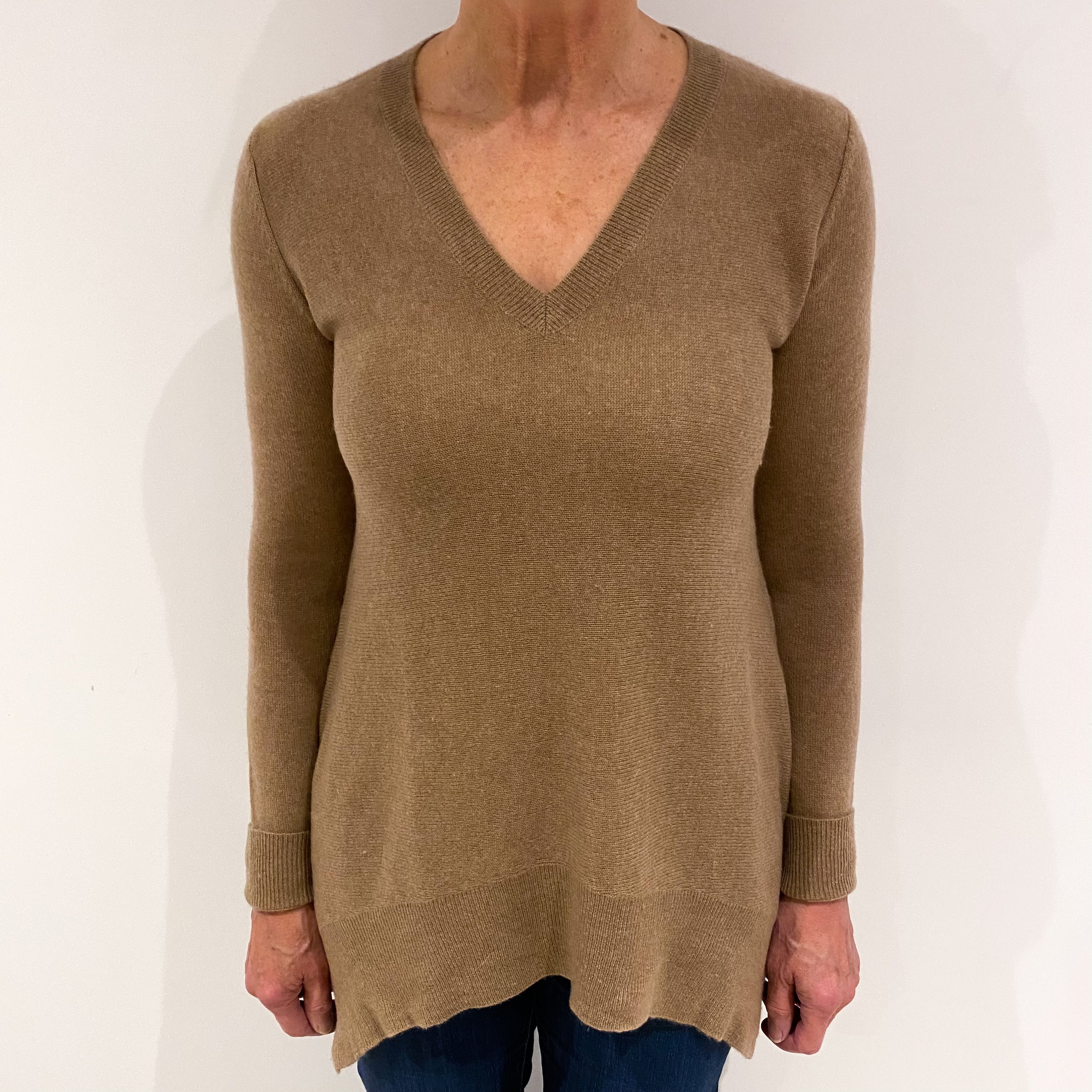 Camel Brown Cashmere V Neck Tunic Jumper Medium