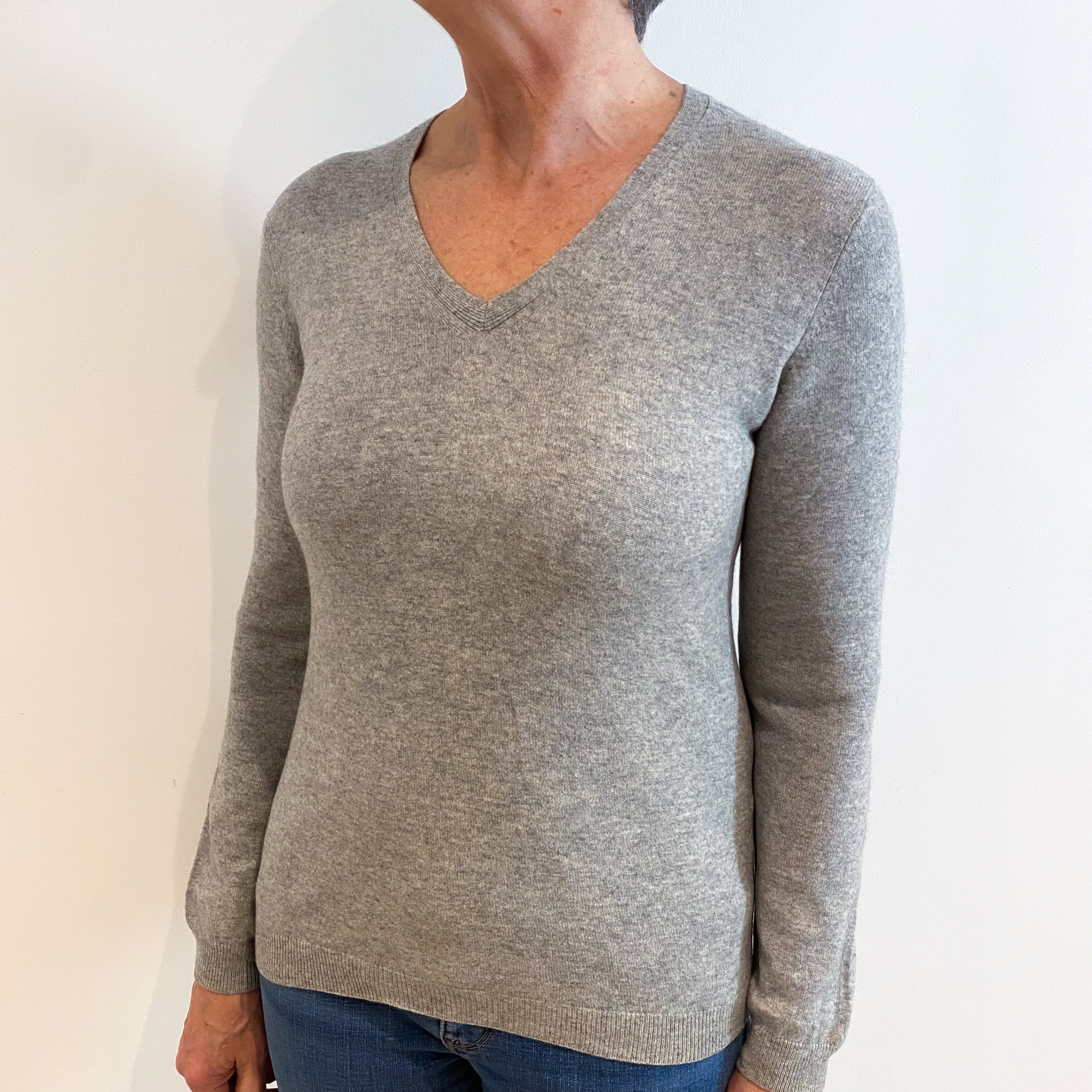Smoke Grey Cashmere V Neck Jumper Medium