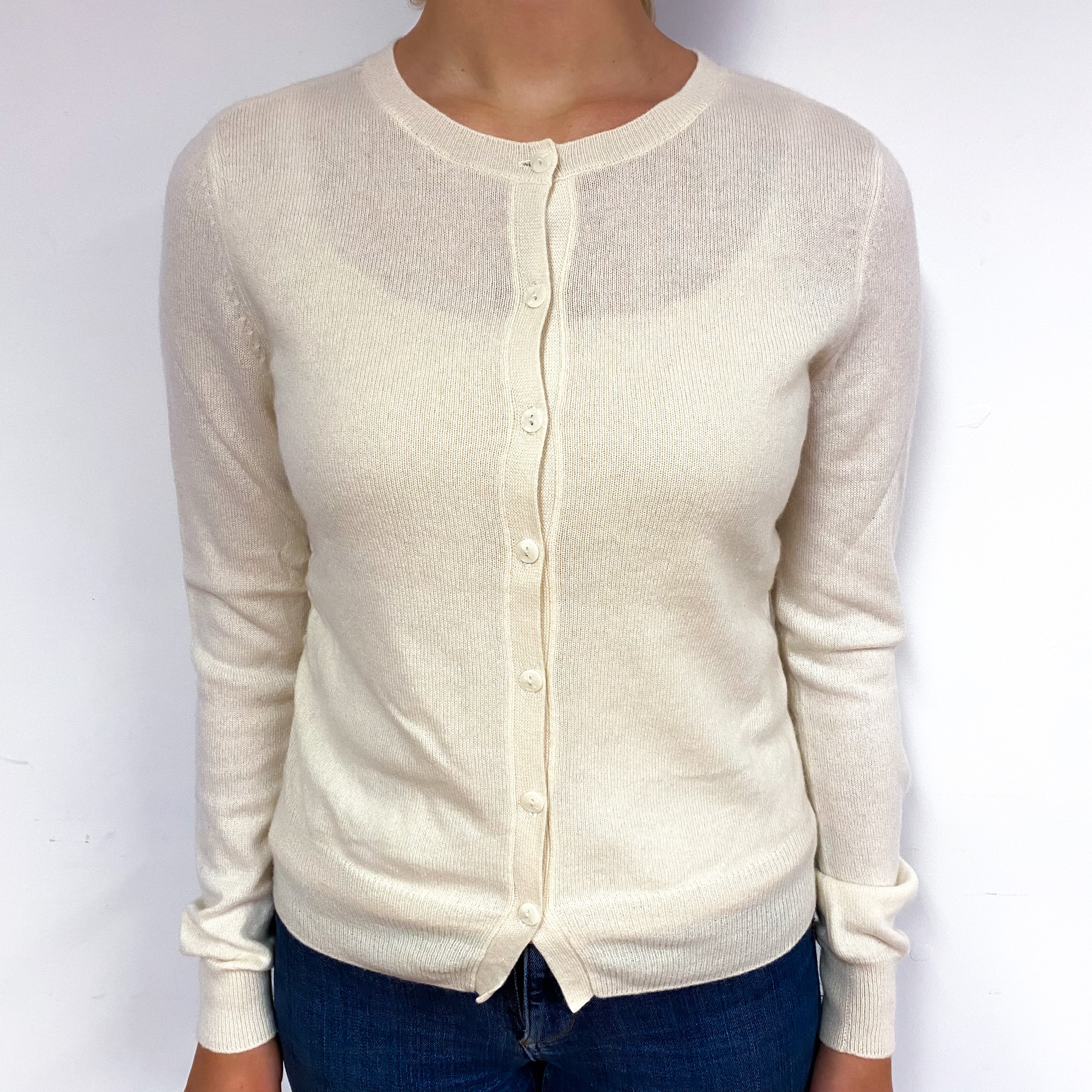 Cream Ruched Cashmere Crew Neck Cardigan Small