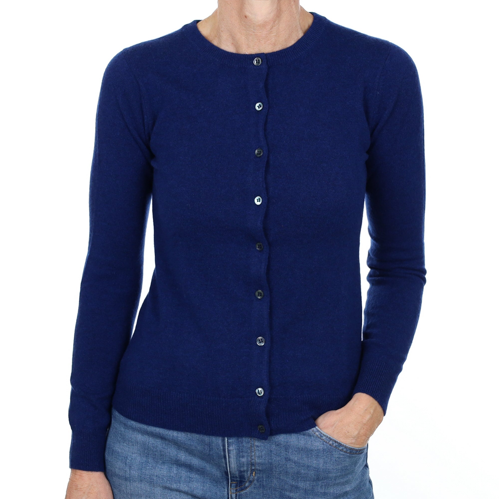 New French Navy Cashmere Crew Neck Cardigan Small