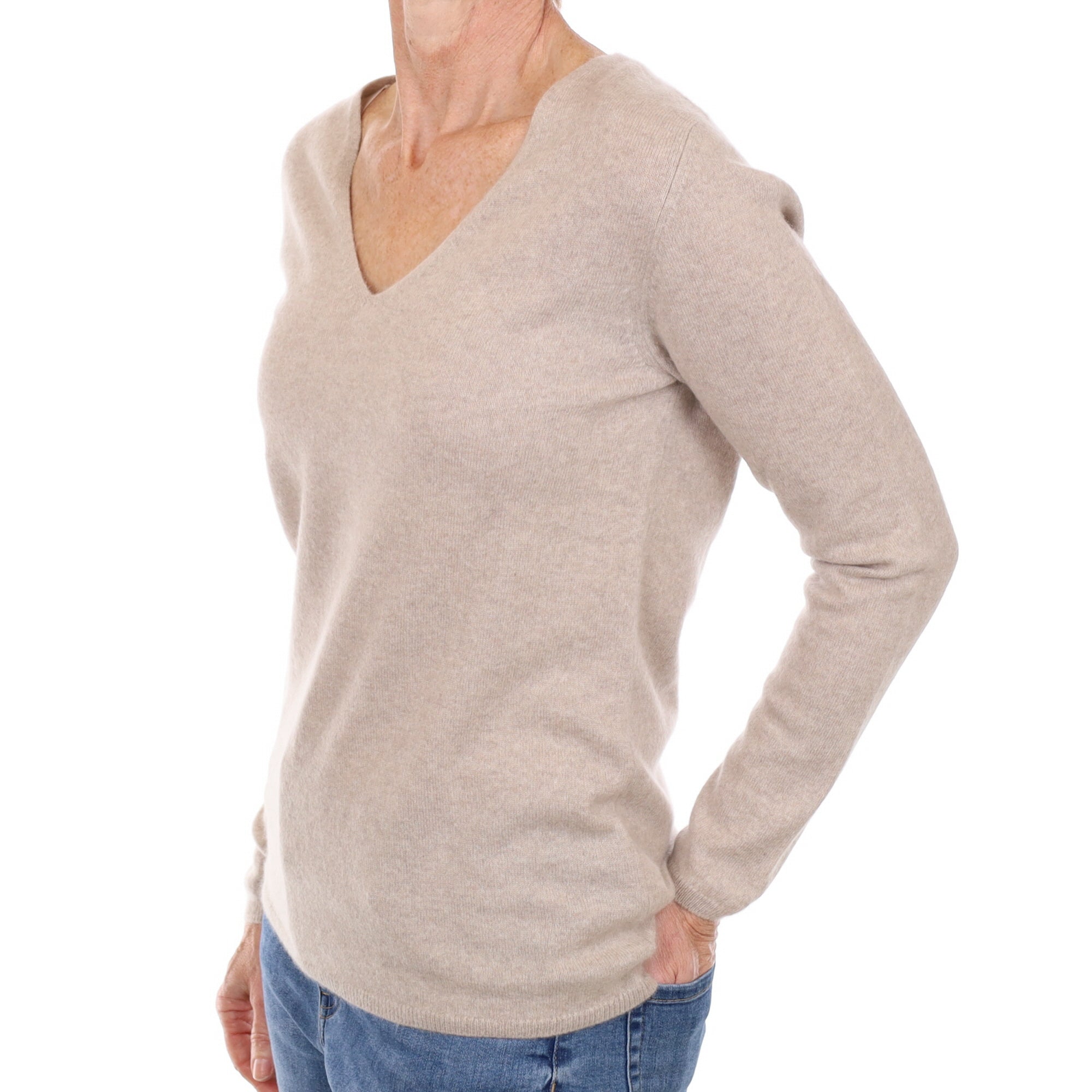 Oatmeal Beige Cashmere V Neck Jumper Small