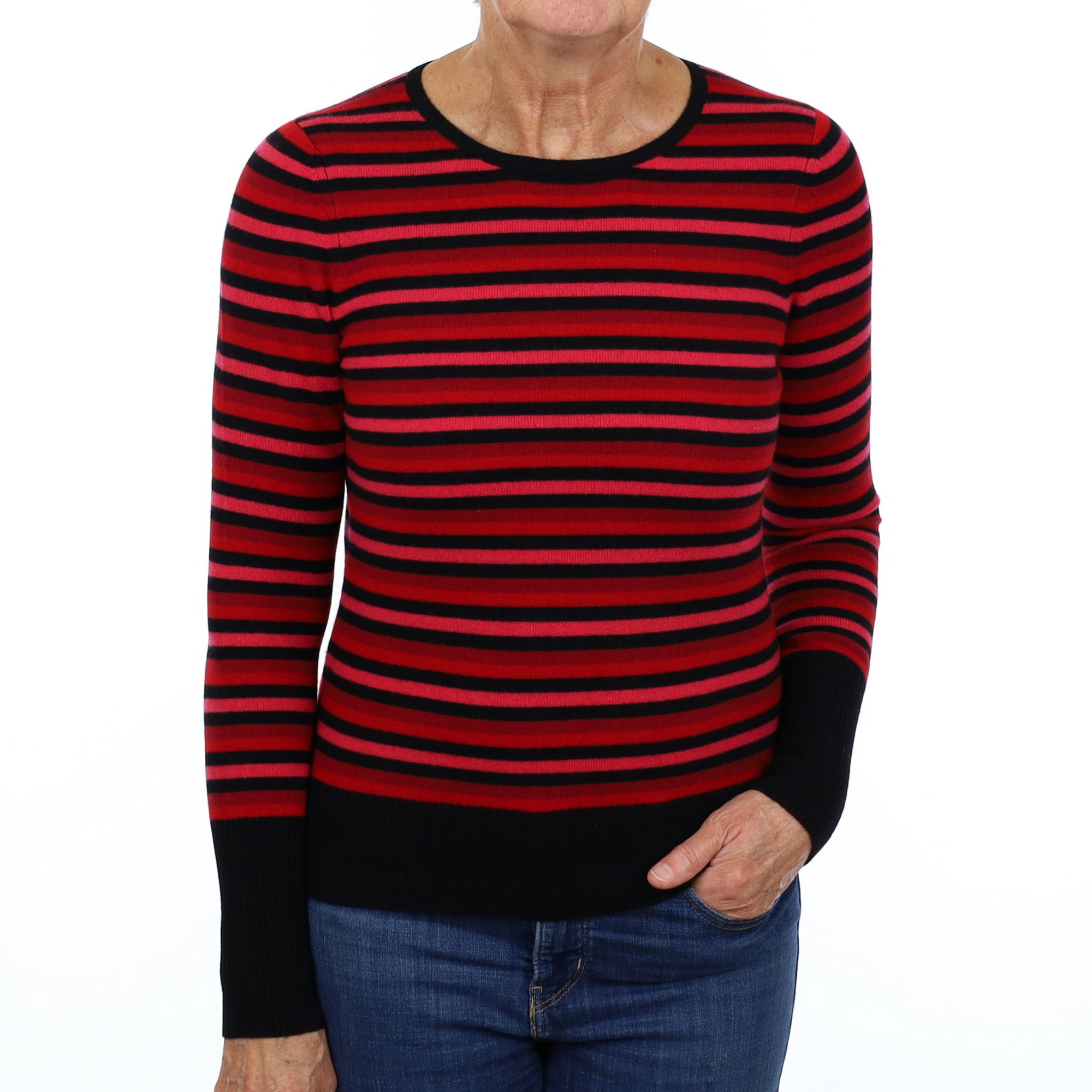 New Jaeger Black and Red Striped Cashmere Crew Neck Jumper Medium