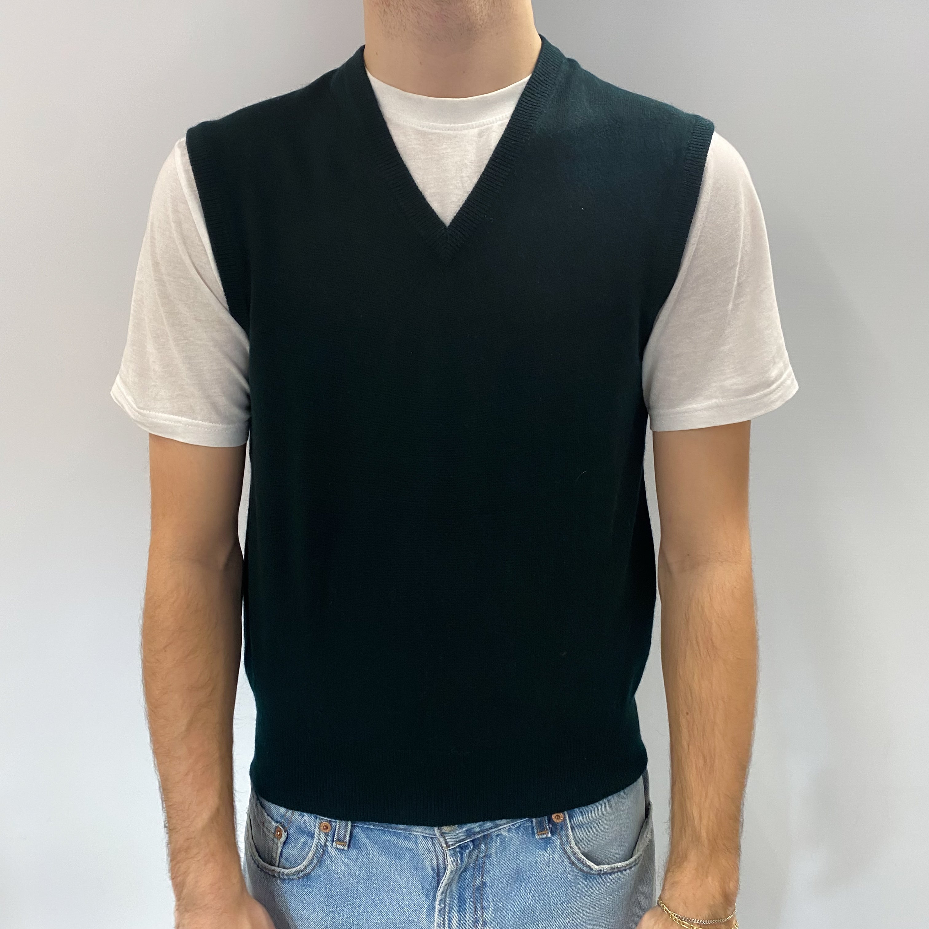 Men's Bottle Green Cashmere V Neck Tank Top Medium