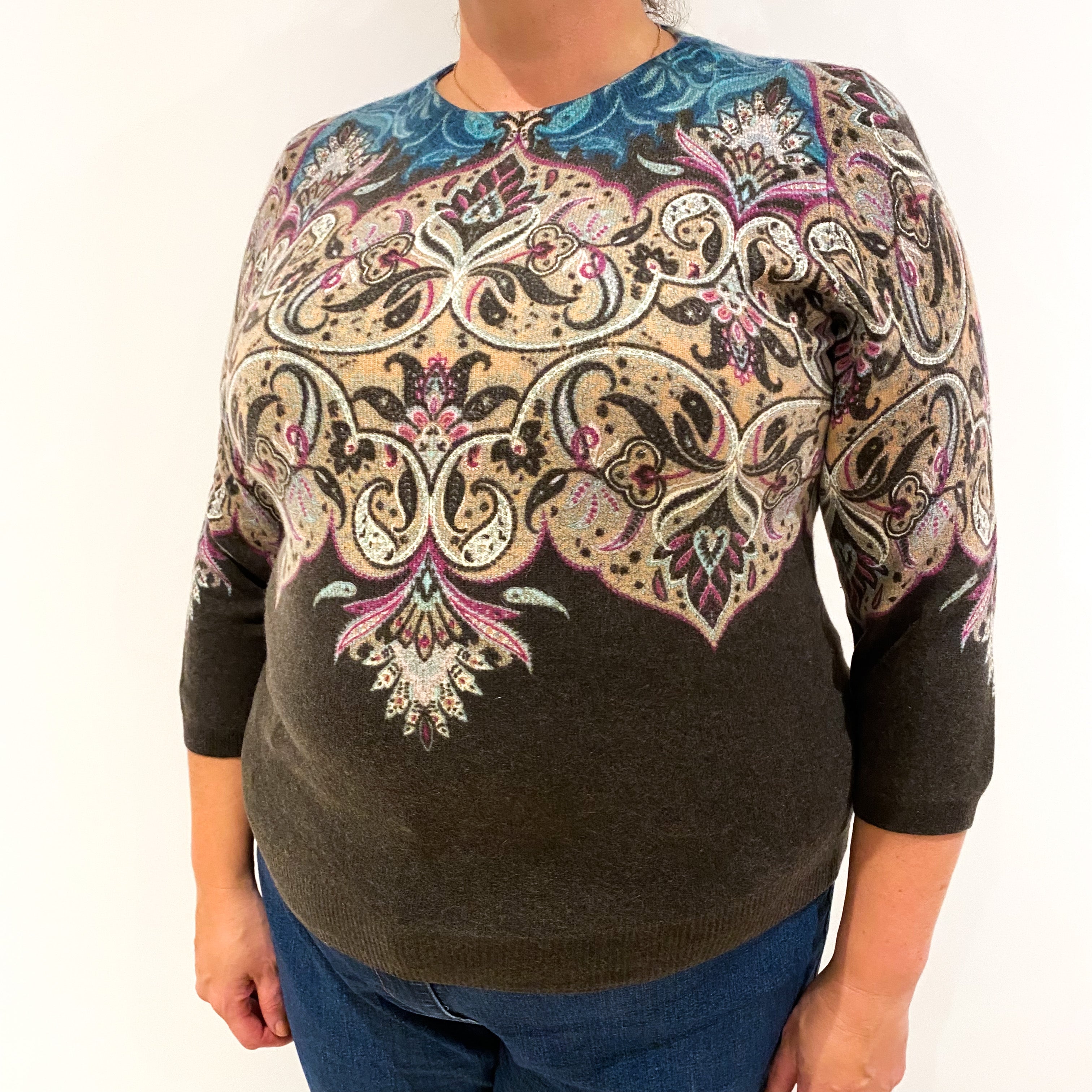 Khaki, Magenta and Turquoise Paisley Cashmere Crew Neck Jumper Extra Large