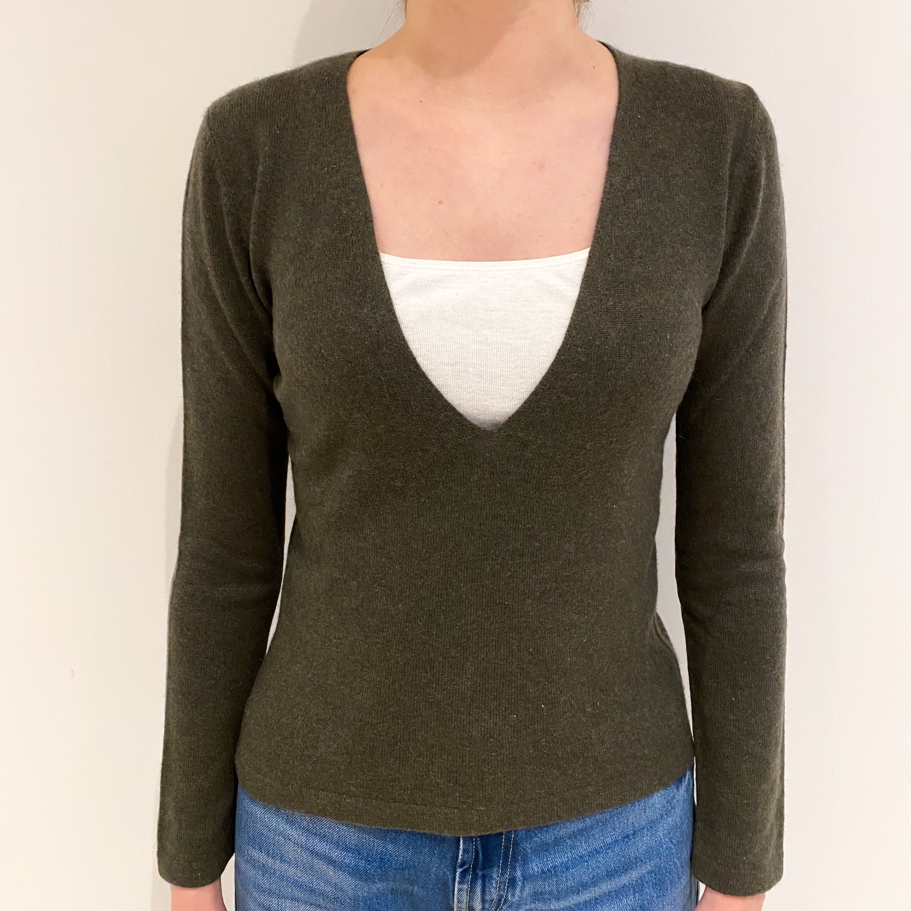 Khaki Green Cashmere Low V Neck Jumper Extra Small