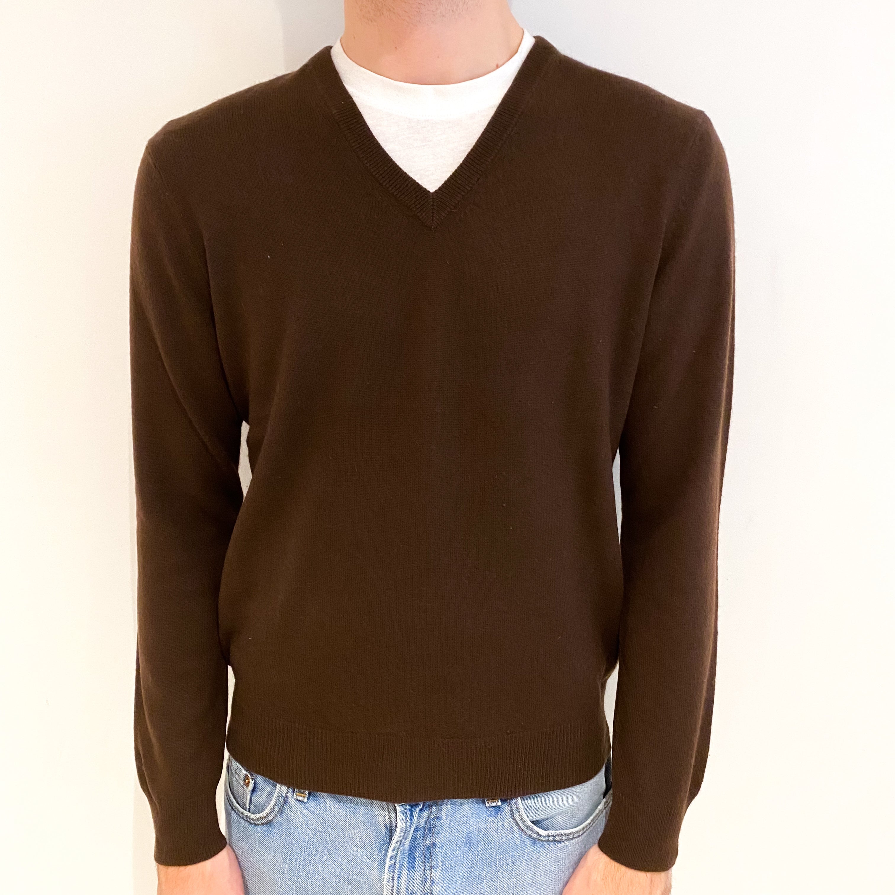 Men's Chocolate Brown Cashmere V Neck Jumper Medium