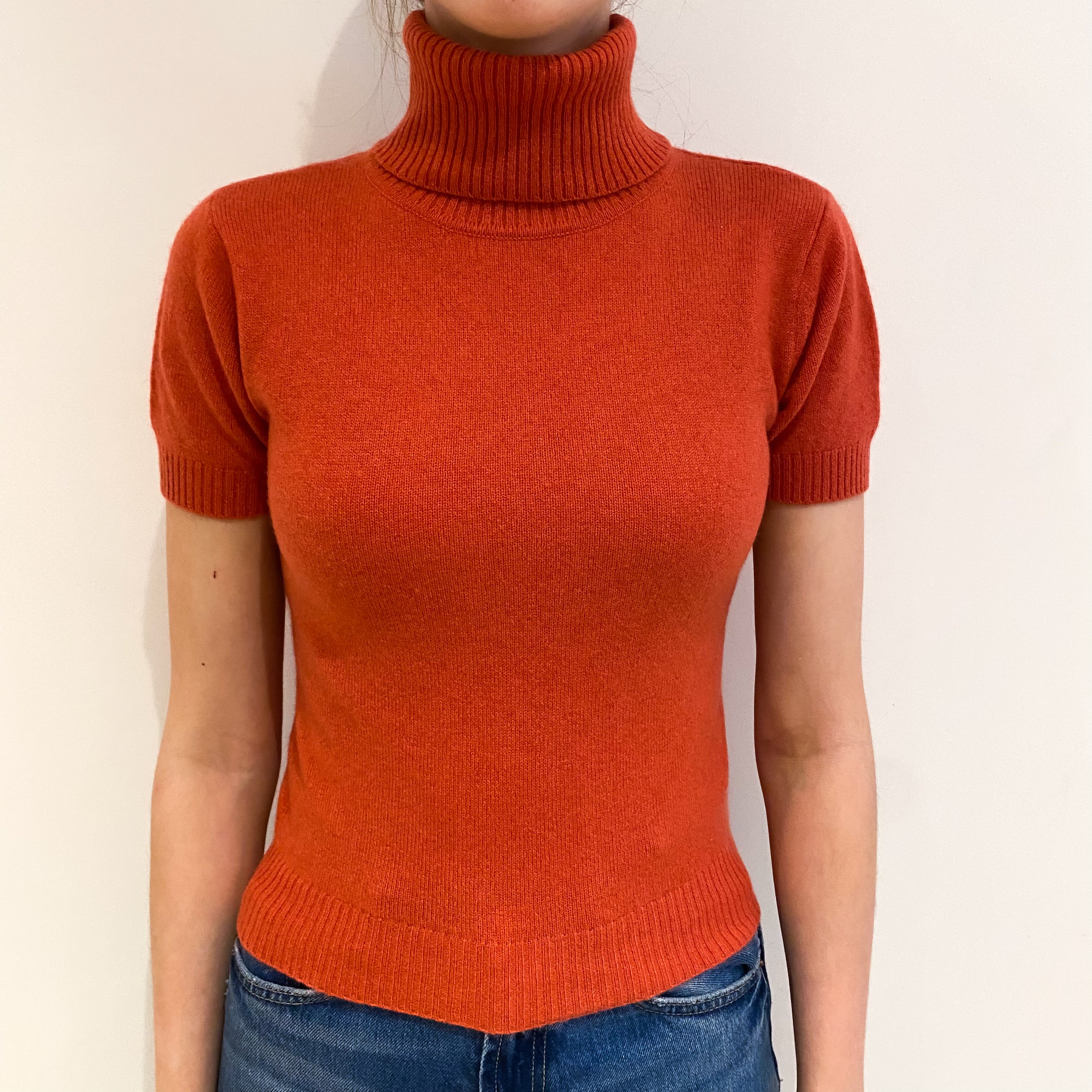 Strawberry Pink Cashmere Short Sleeved Polo Neck Jumper Extra Small